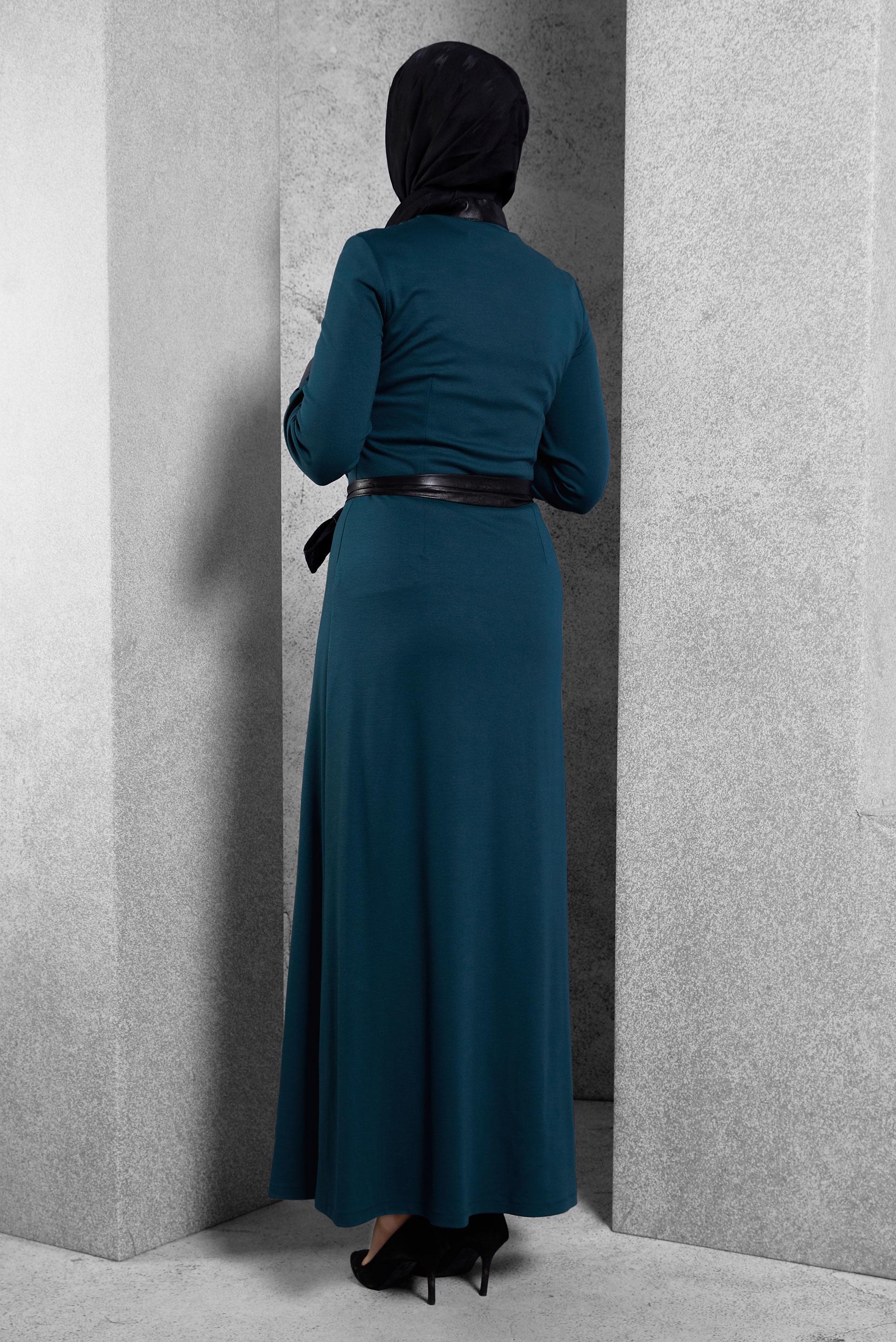 Tesettür giyim YEŞİL KUŞAKLI FERMUARLI ELBİSE 4360