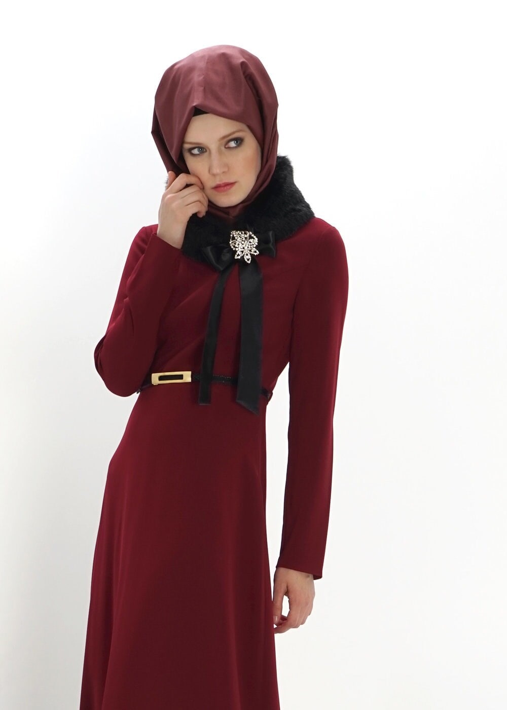 Tesettür giyim BORDO SIRTI DÜĞME DETAYLI ELBİSE 4362 