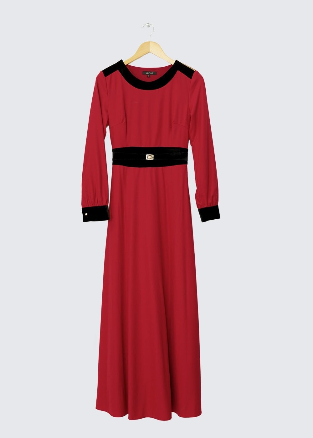 Tesettür giyim KIRMIZI BELİ BAĞLAMA DETAYLI TAŞLI ELBİSE 4375