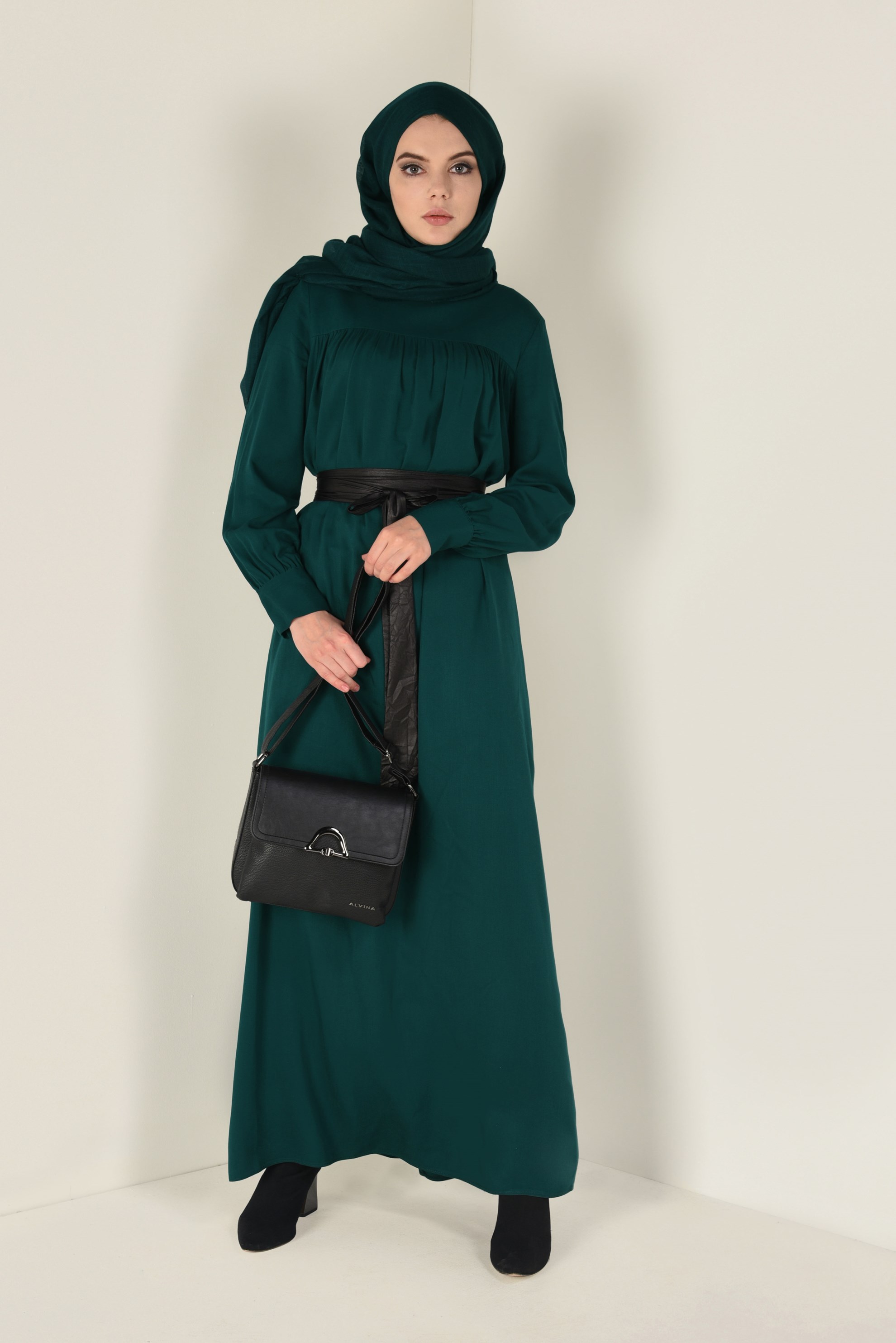 Tesettür giyim YEŞİL 4406 MERLİS ELBİSE 38/44 TEK40