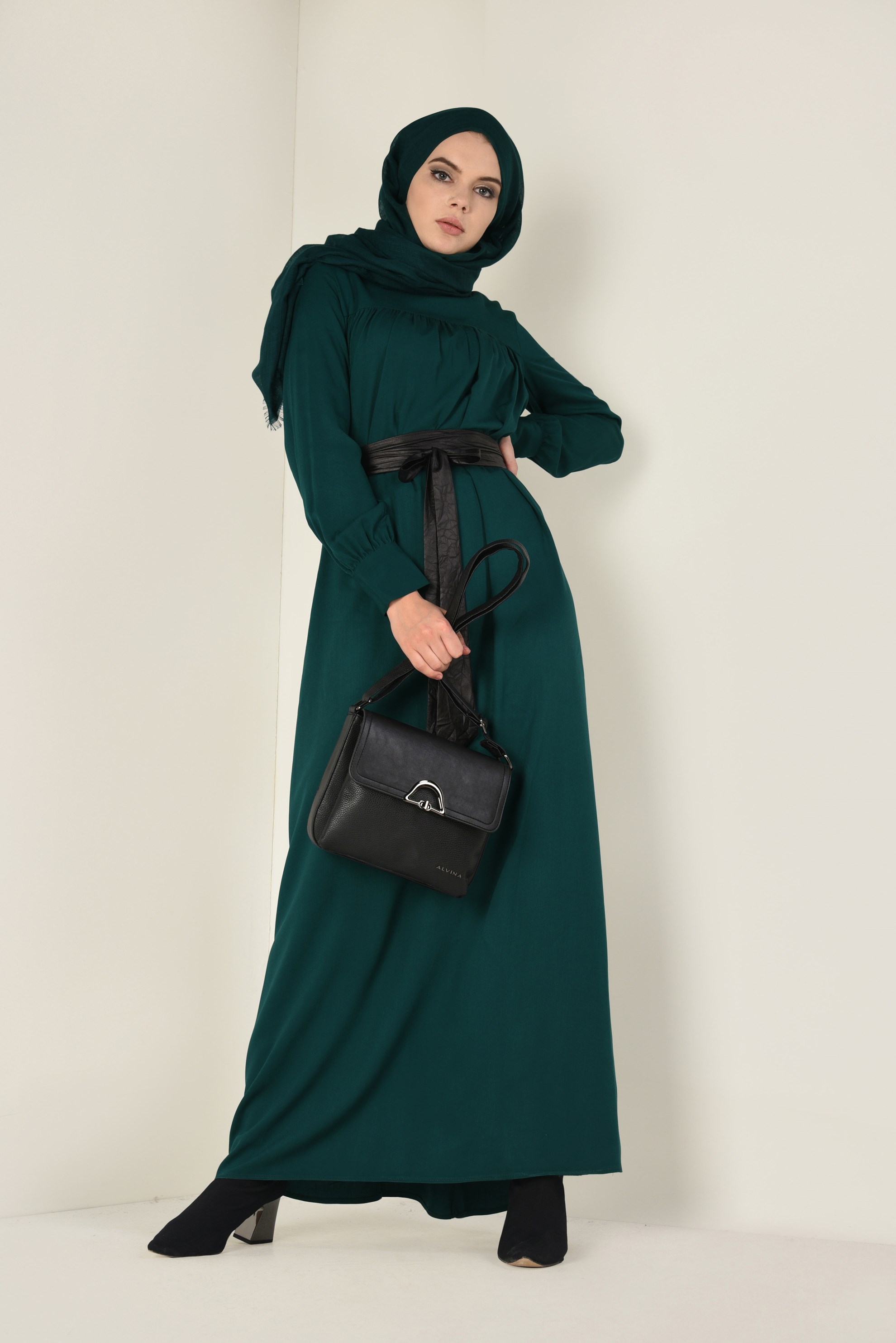 Tesettür giyim YEŞİL 4406 MERLİS ELBİSE 38/44 TEK40