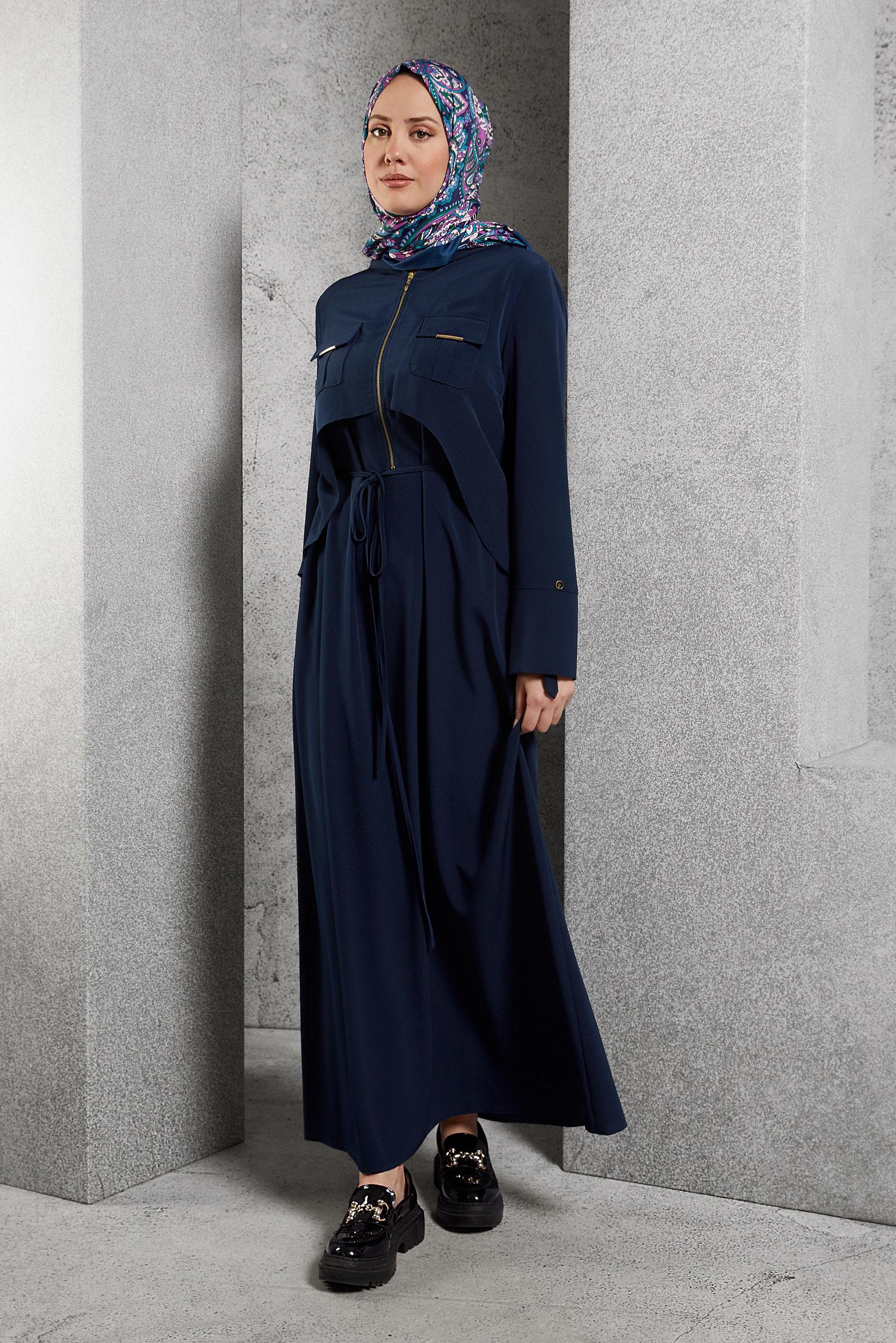 Tesettür giyim LACİVERT KAPÜŞONLU ELBİSE 4426