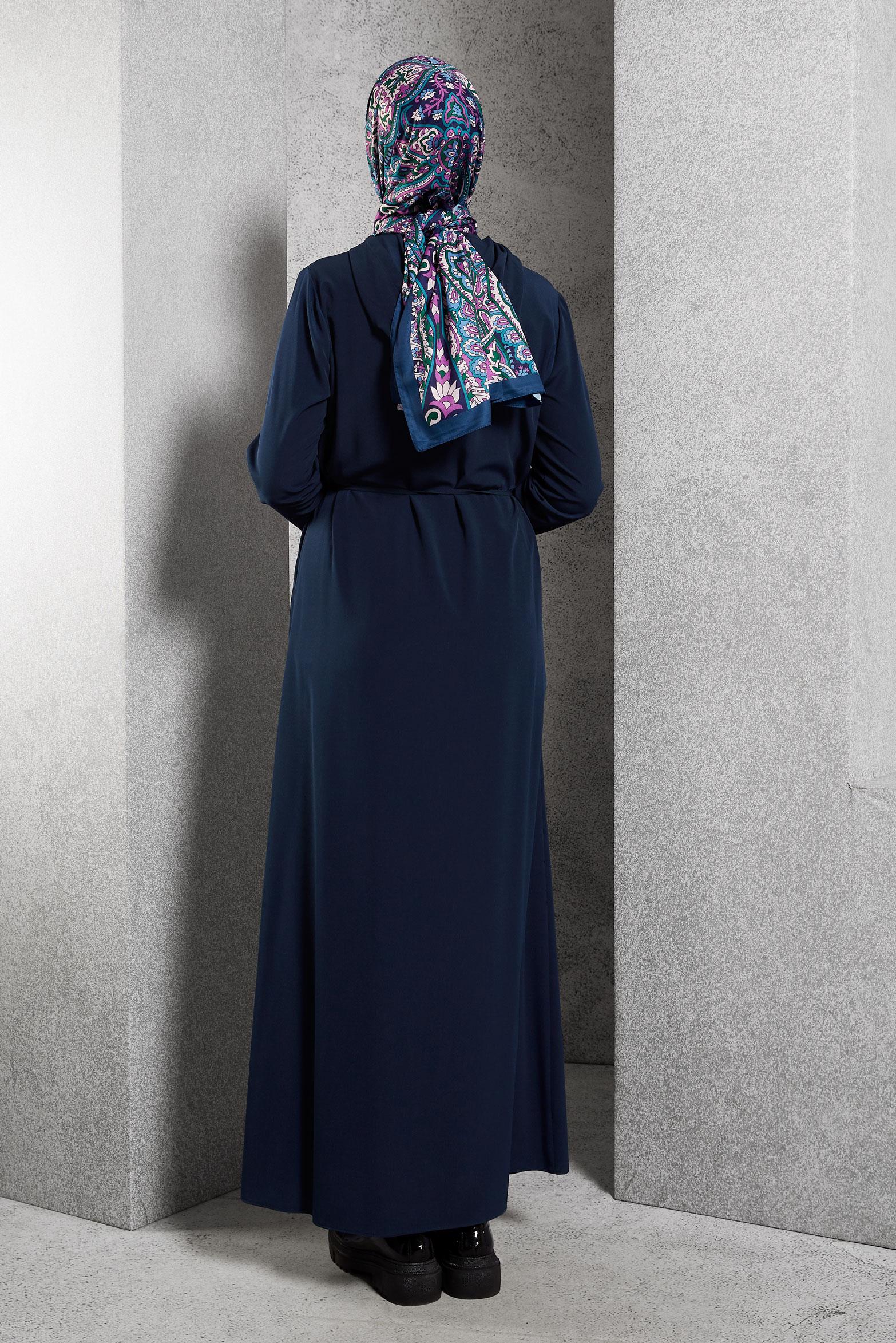 Tesettür giyim LACİVERT KAPÜŞONLU ELBİSE 4426