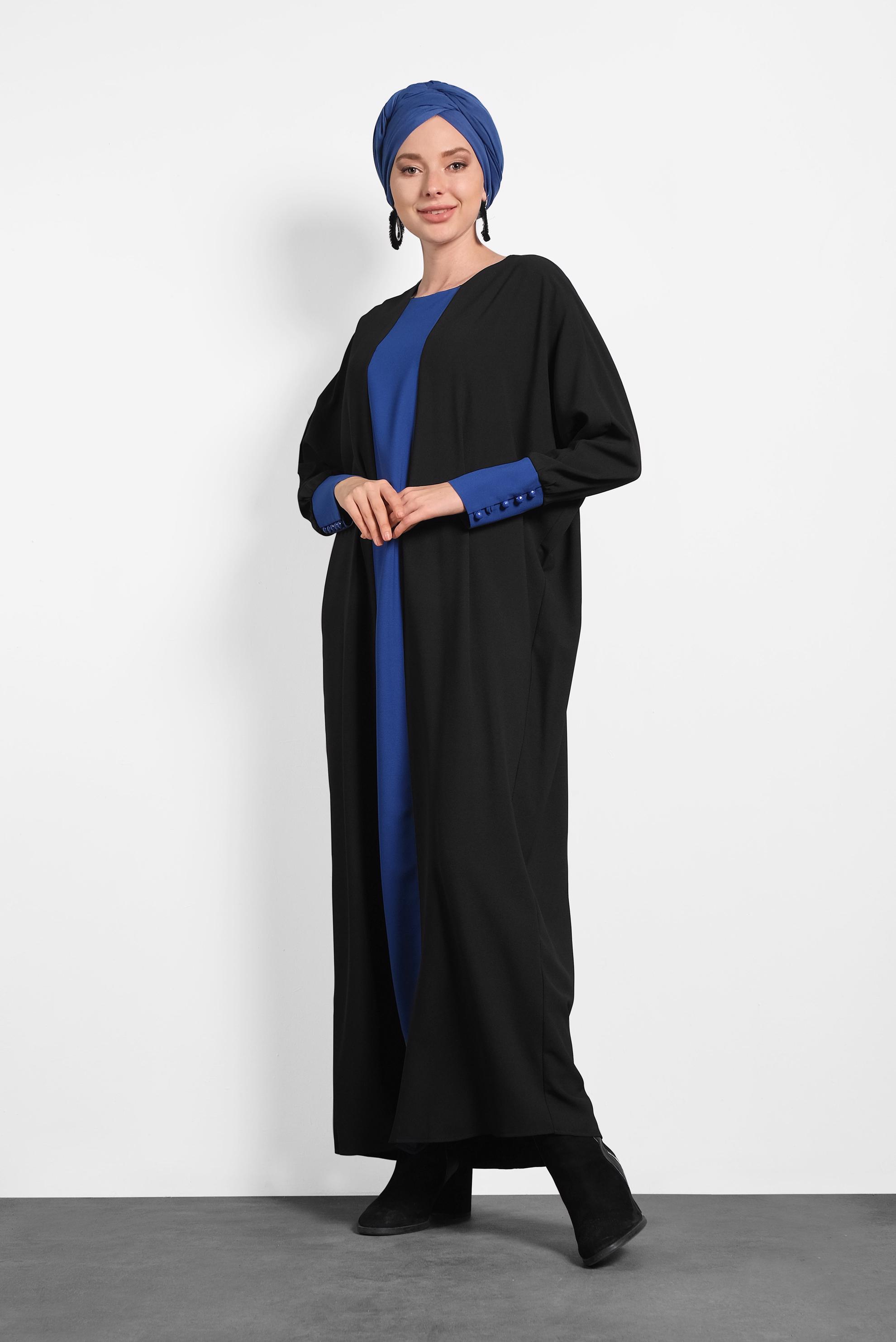 Tesettür giyim SİYAH ŞERİT DETAYLI SALAŞ ELBİSE 4442