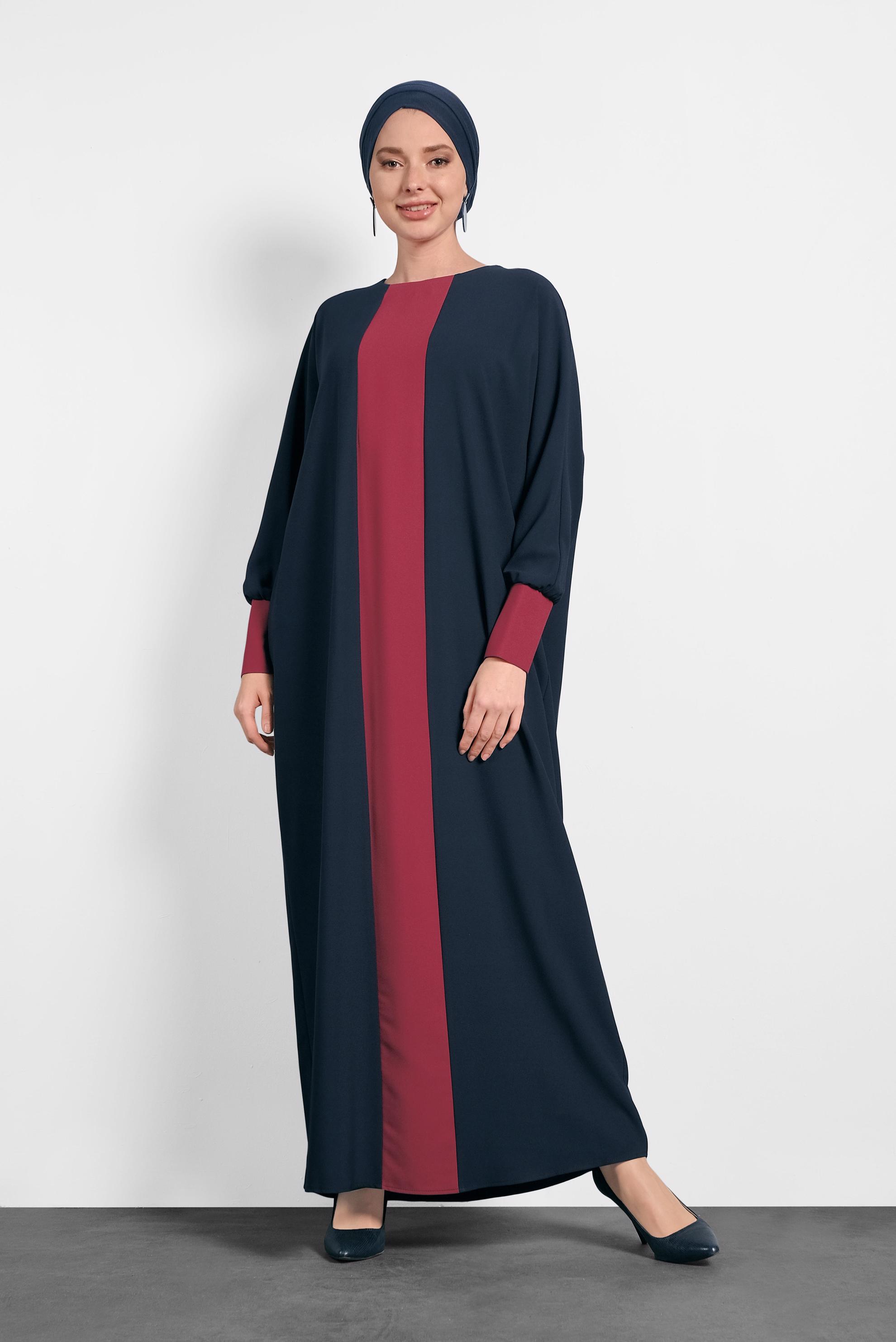 Tesettür giyim LACİVERT ŞERİT DETAYLI SALAŞ ELBİSE 4442