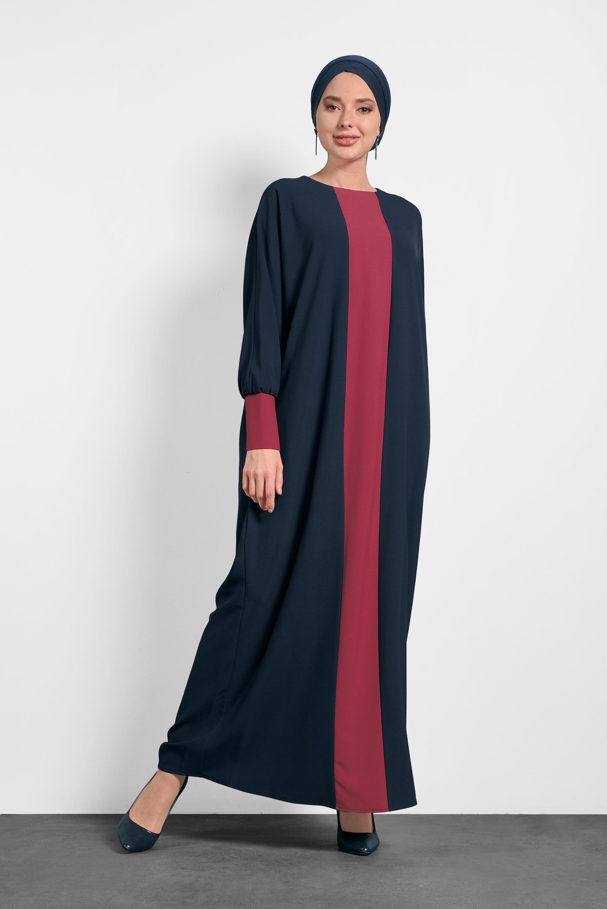 Tesettür giyim LACİVERT ŞERİT DETAYLI SALAŞ ELBİSE 4442