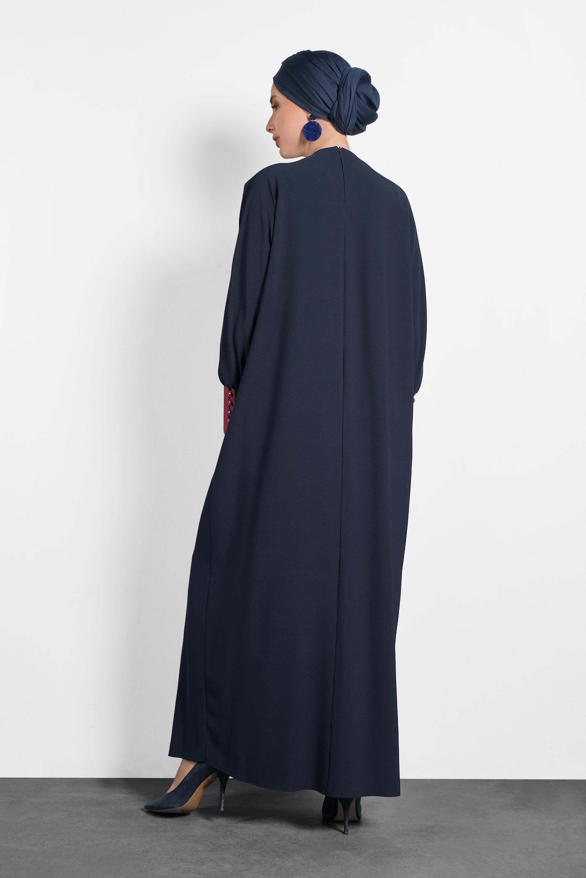 Tesettür giyim LACİVERT ŞERİT DETAYLI SALAŞ ELBİSE 4442