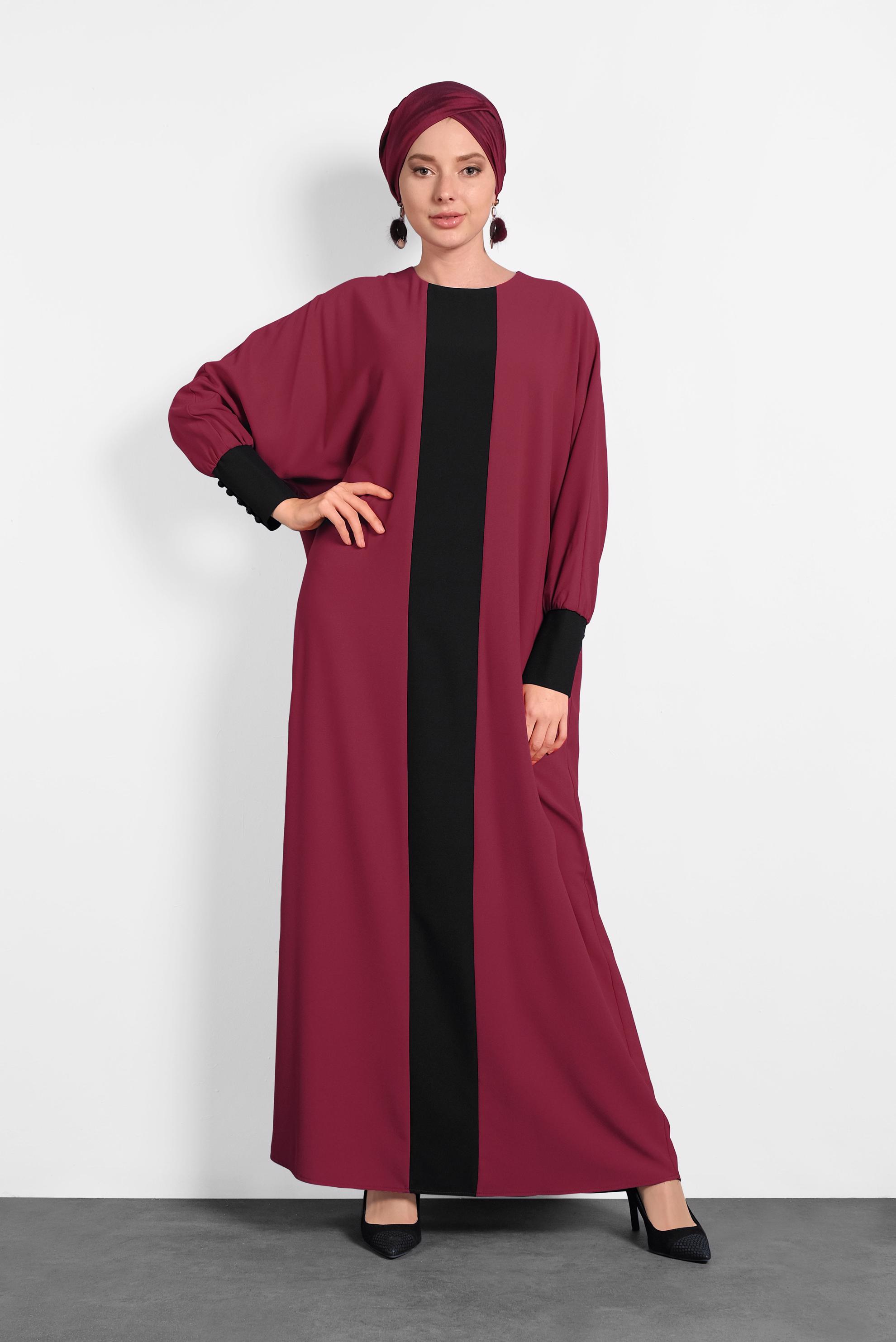 Tesettür giyim BORDO ŞERİT DETAYLI SALAŞ ELBİSE 4442