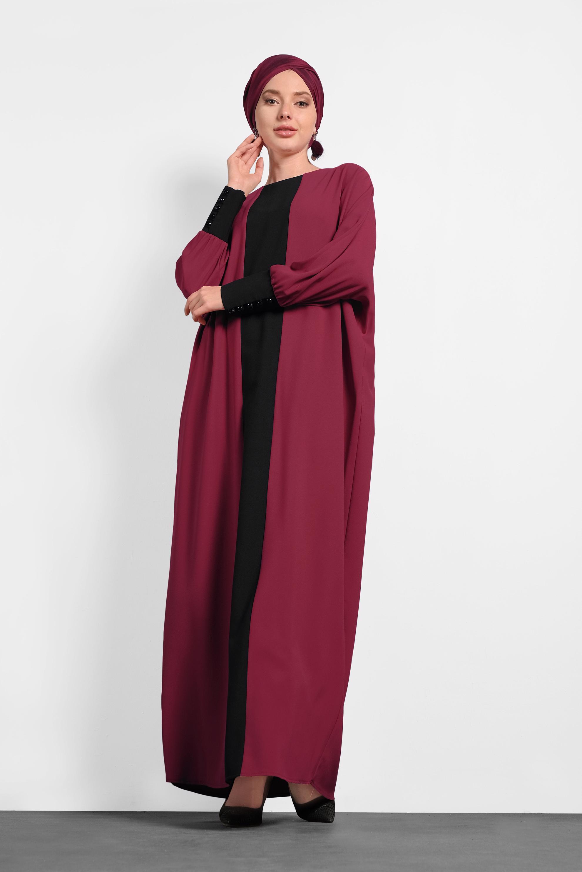Tesettür giyim BORDO ŞERİT DETAYLI SALAŞ ELBİSE 4442