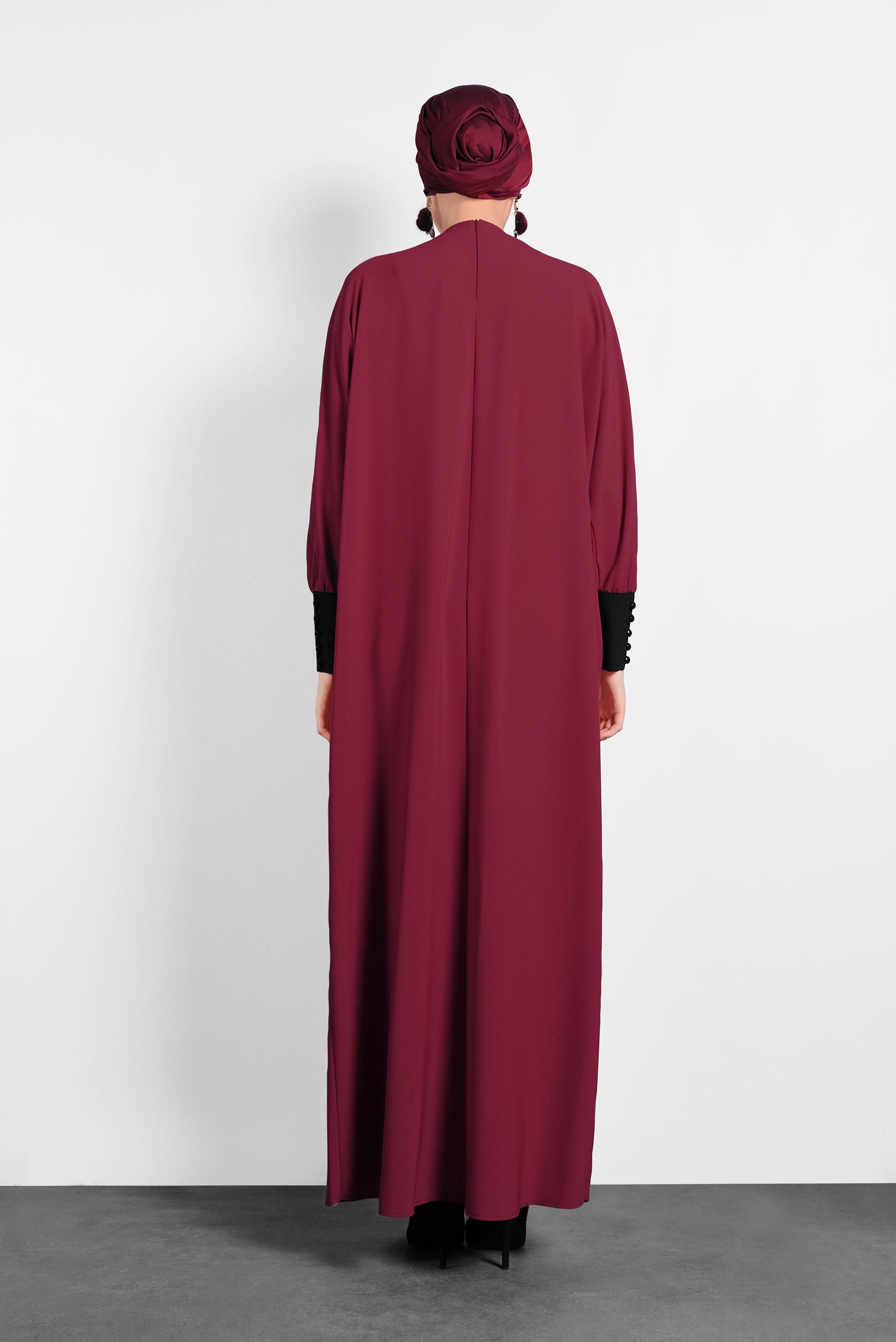 Tesettür giyim BORDO ŞERİT DETAYLI SALAŞ ELBİSE 4442