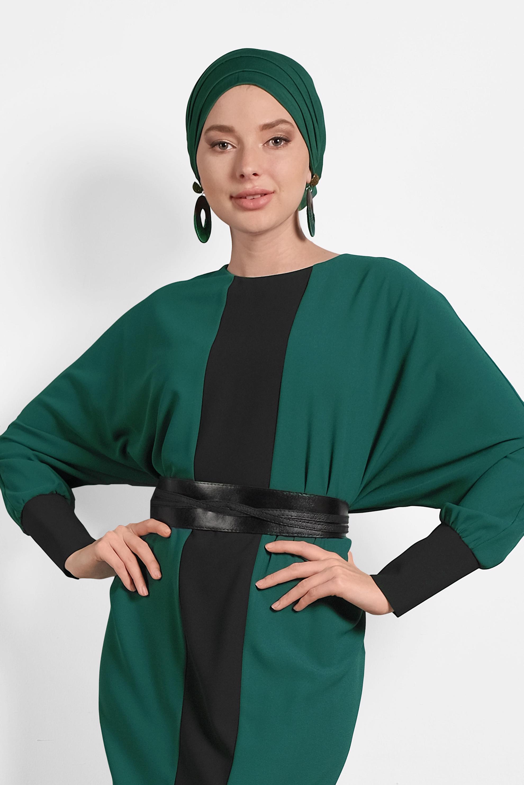 Tesettür giyim YEŞİL ŞERİT DETAYLI SALAŞ ELBİSE 4442