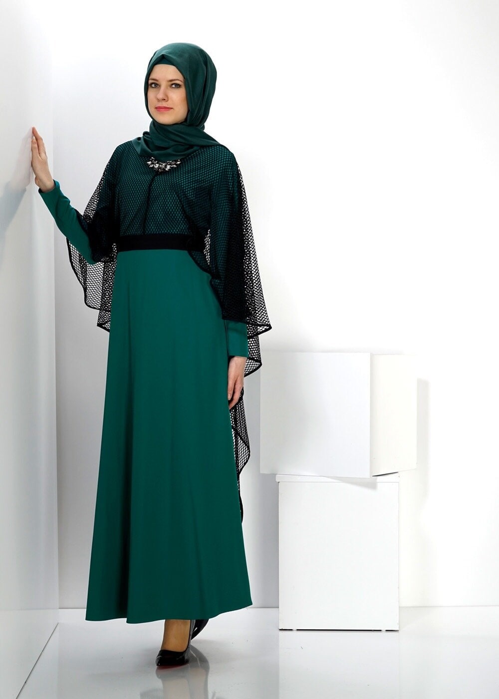Tesettür giyim YEŞİL FİLE DETAYLI KUŞAKLI 2&prime;Lİ ELBİSE 4446 