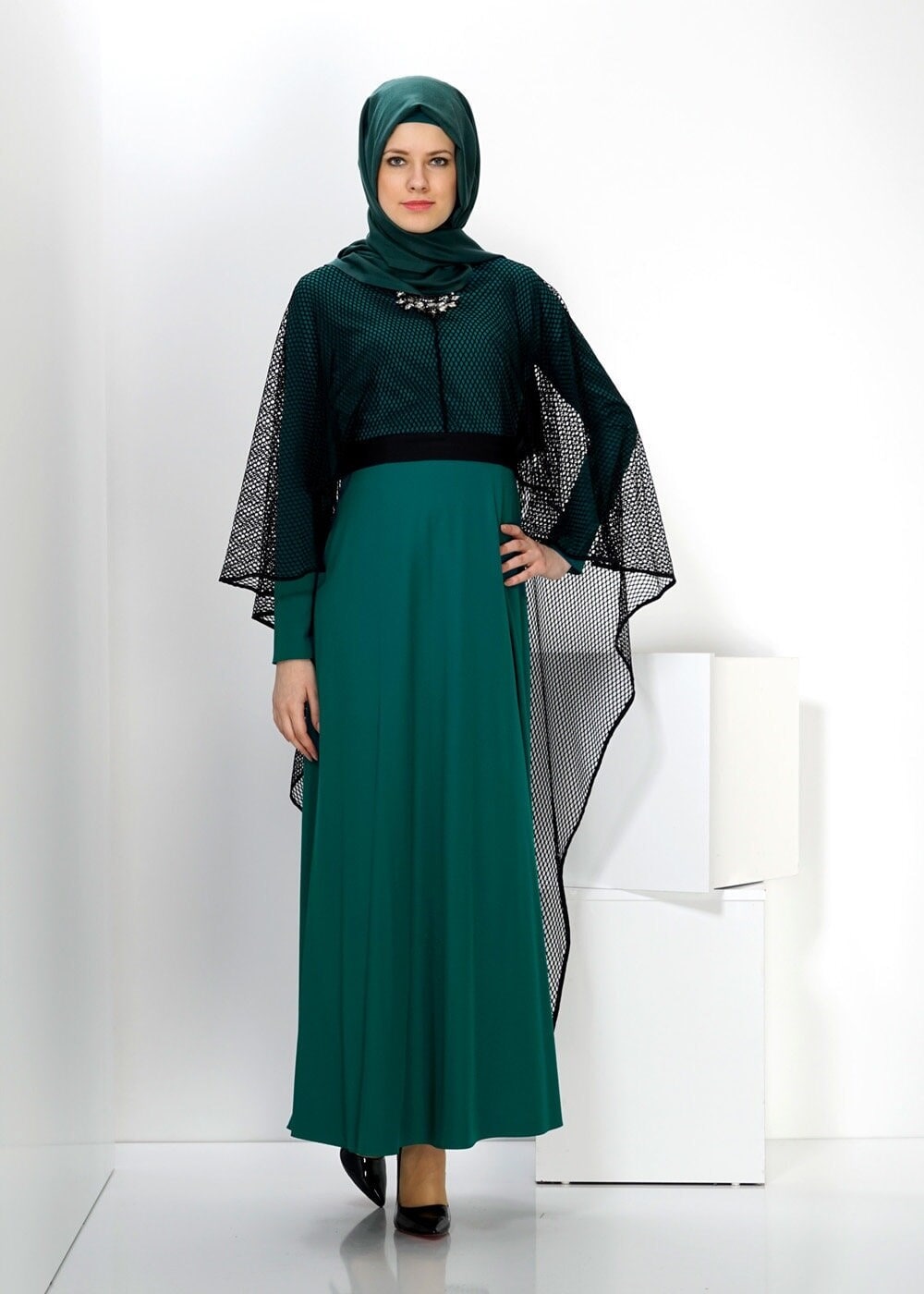 Tesettür giyim YEŞİL FİLE DETAYLI KUŞAKLI 2&prime;Lİ ELBİSE 4446 