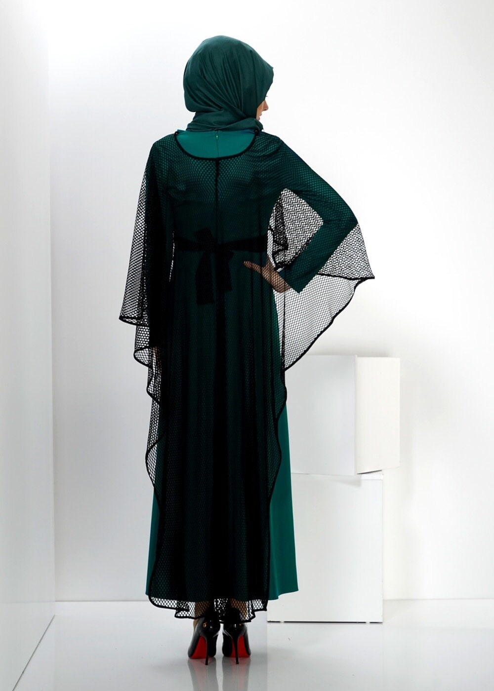 Tesettür giyim YEŞİL FİLE DETAYLI KUŞAKLI 2&prime;Lİ ELBİSE 4446 