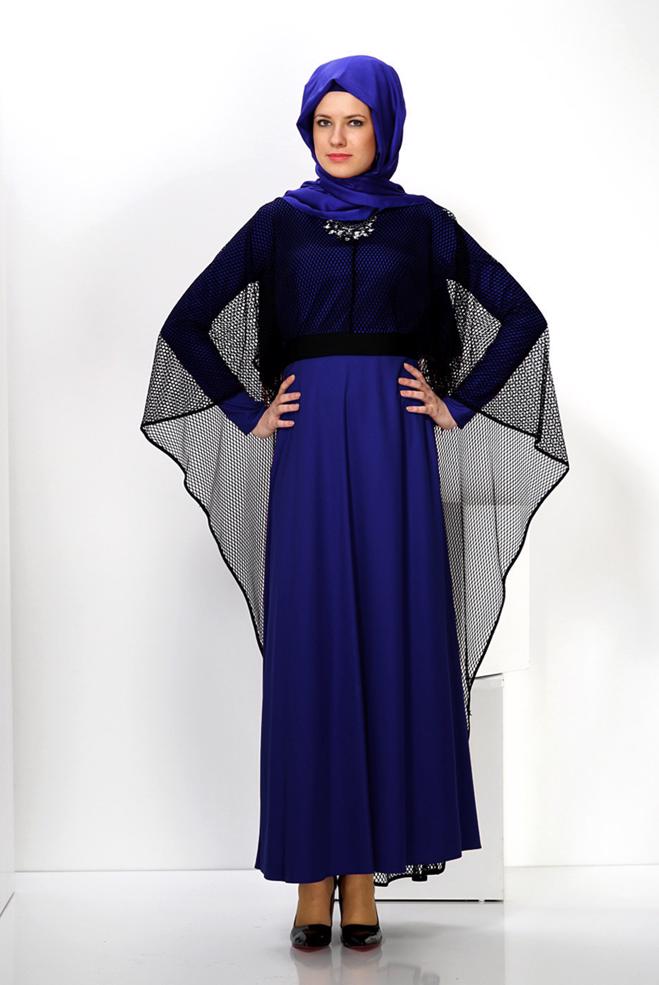 Hijab clothing NAVY BLUE MESH DETAIL BELTED 2-PIECE DRESS 4446  - ALVİNA