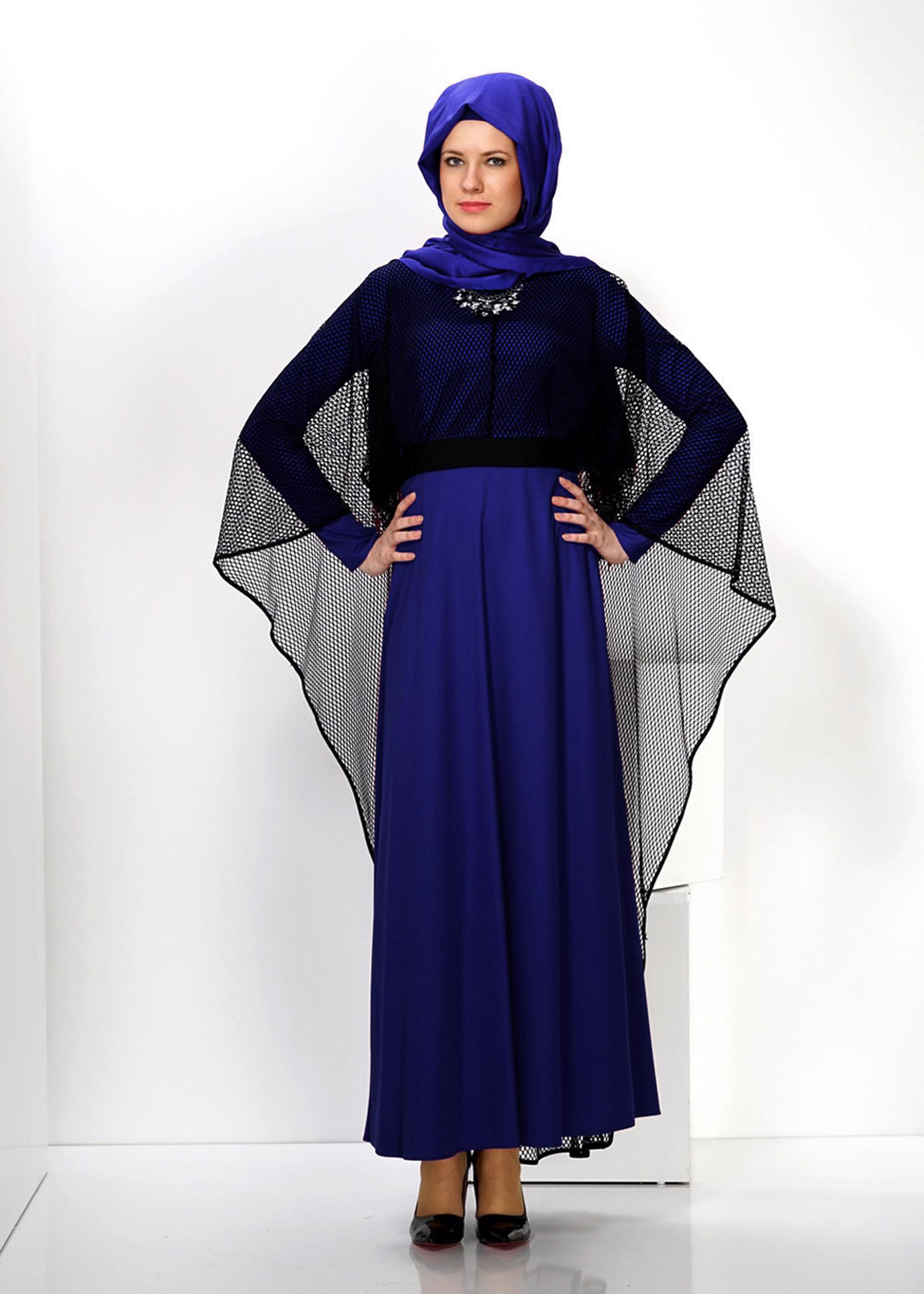Vêtements hijab BLEU MARINE ROBE 2 PIÈCES CEINTURÉE DÉTAIL MESH 4446