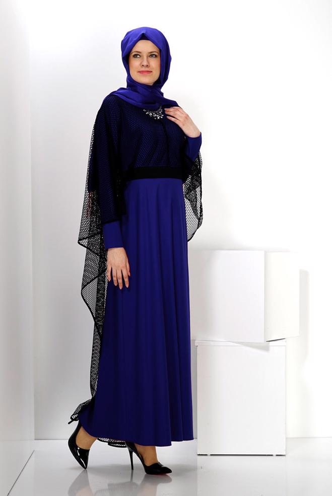 Hijab clothing NAVY BLUE MESH DETAIL BELTED 2-PIECE DRESS 4446  - ALVİNA