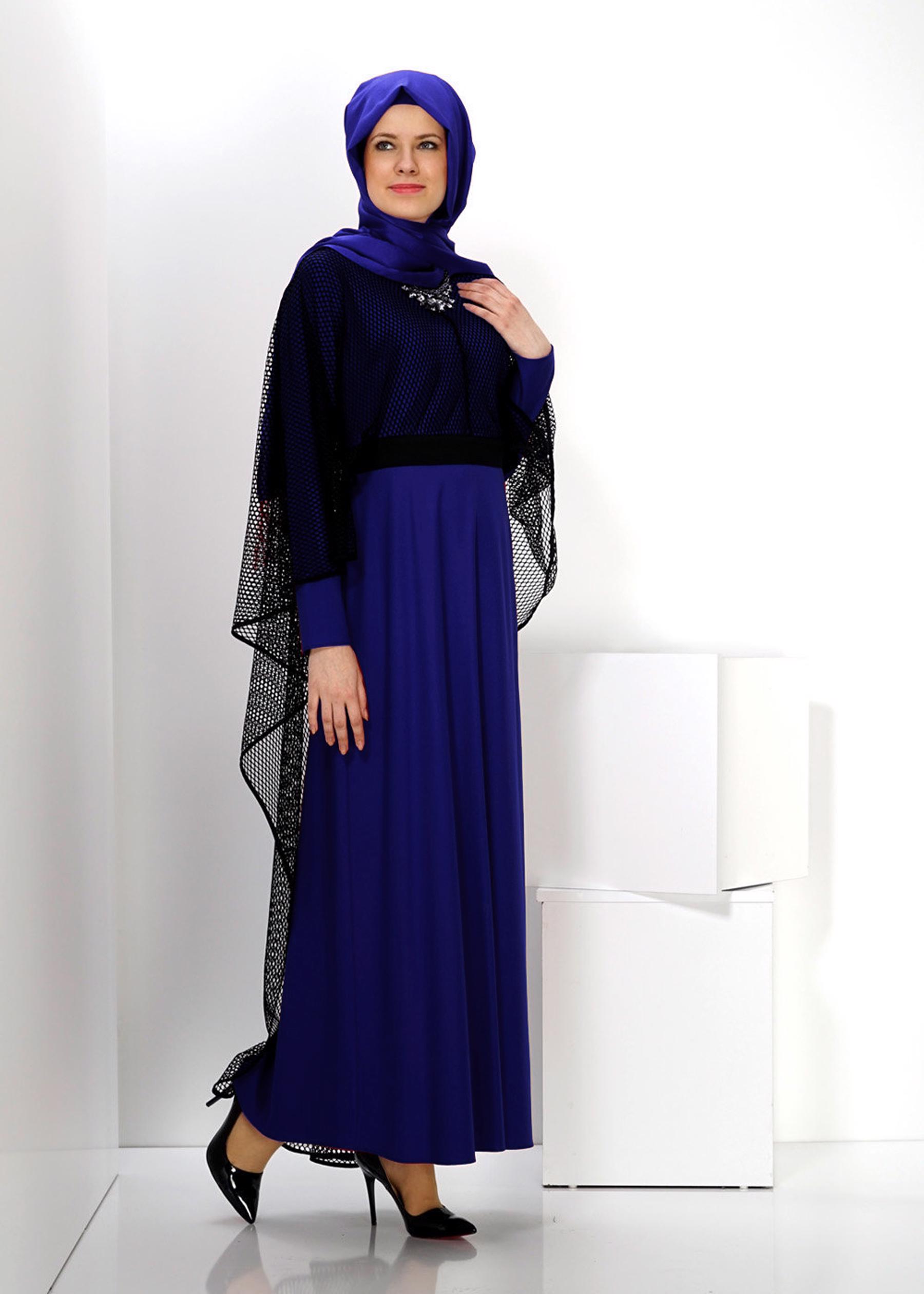 Vêtements hijab BLEU MARINE ROBE 2 PIÈCES CEINTURÉE DÉTAIL MESH 4446