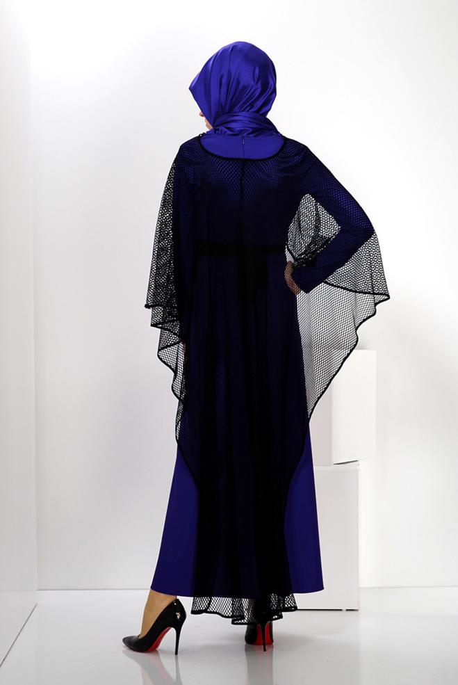 Hijab clothing NAVY BLUE MESH DETAIL BELTED 2-PIECE DRESS 4446  - ALVİNA