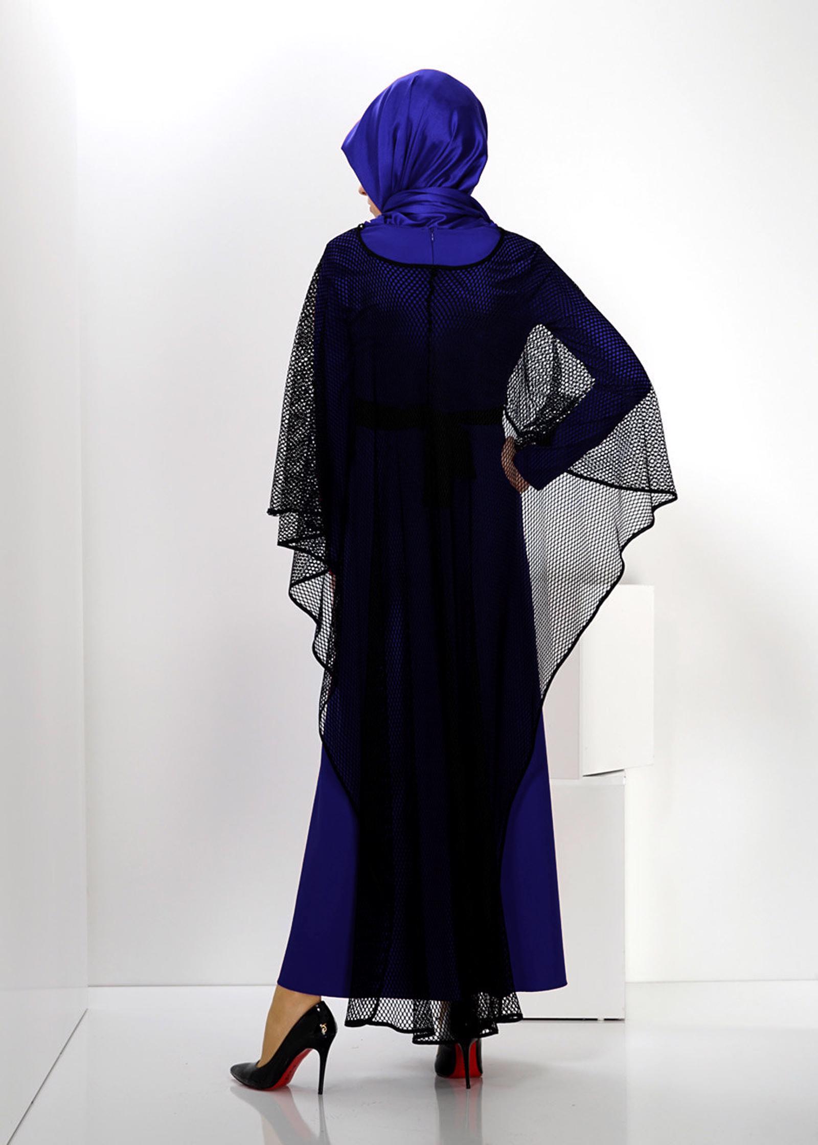 Vêtements hijab BLEU MARINE ROBE 2 PIÈCES CEINTURÉE DÉTAIL MESH 4446