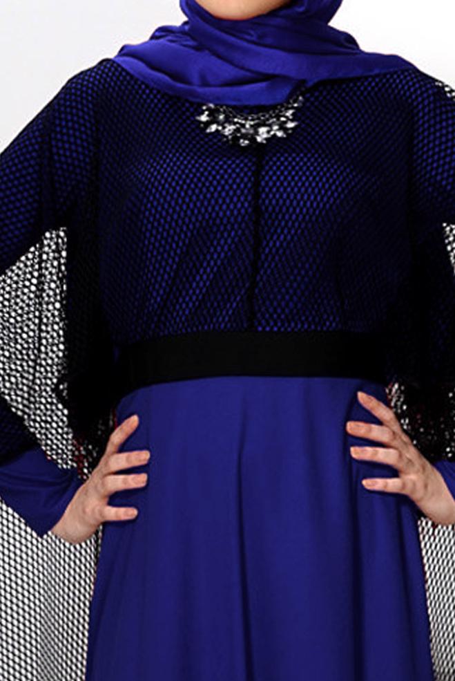 Hijab clothing NAVY BLUE MESH DETAIL BELTED 2-PIECE DRESS 4446  - ALVİNA