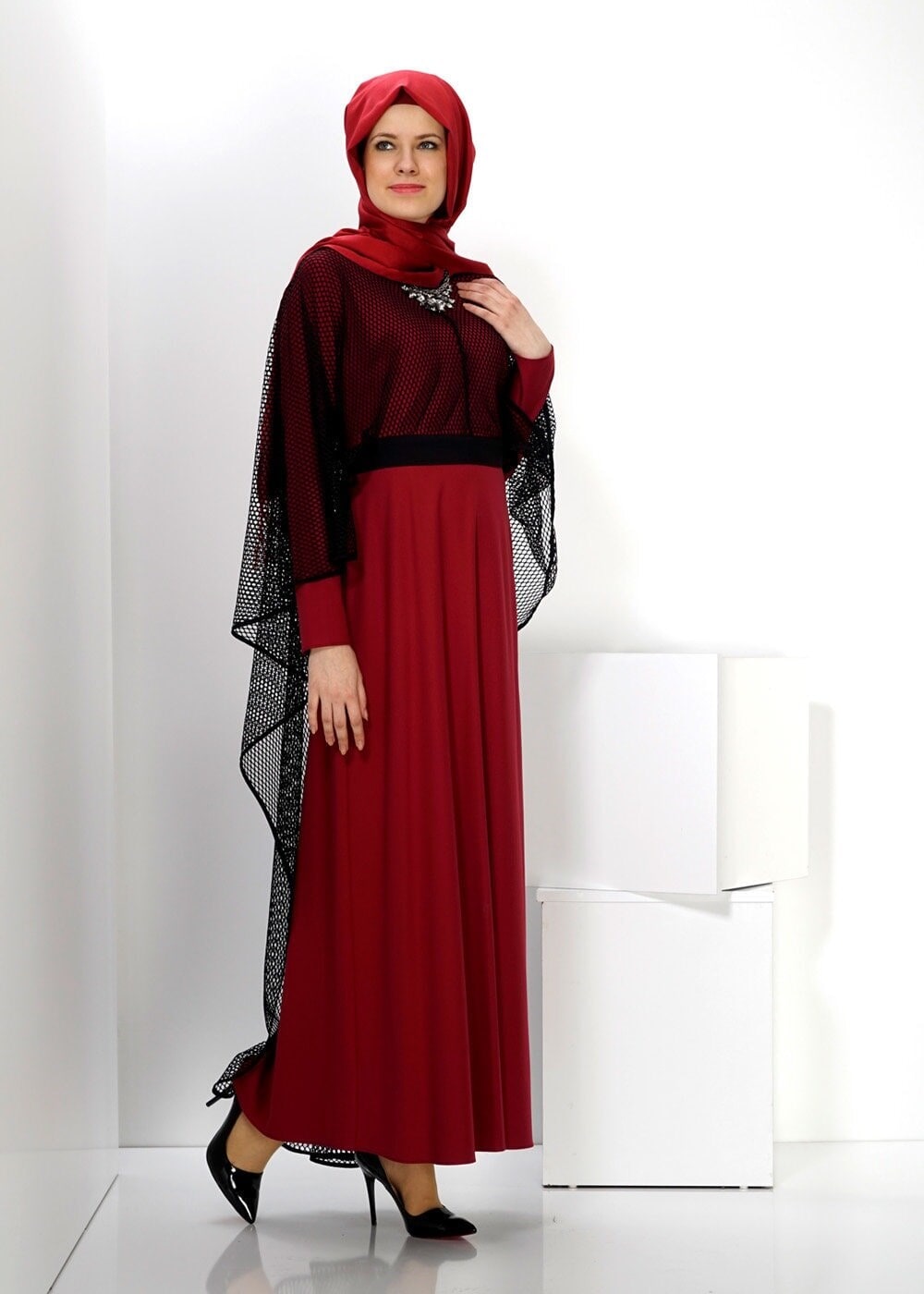 Tesettür giyim BORDO FİLE DETAYLI KUŞAKLI 2&prime;Lİ ELBİSE 4446 