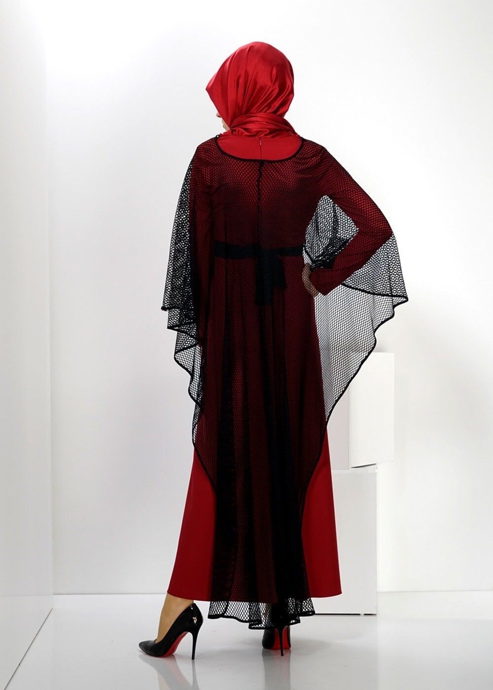 Tesettür giyim BORDO FİLE DETAYLI KUŞAKLI 2&prime;Lİ ELBİSE 4446 