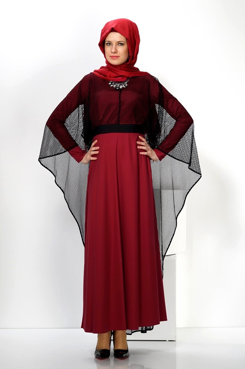 Tesettür giyim BORDO FİLE DETAYLI KUŞAKLI 2&prime;Lİ ELBİSE 4446 