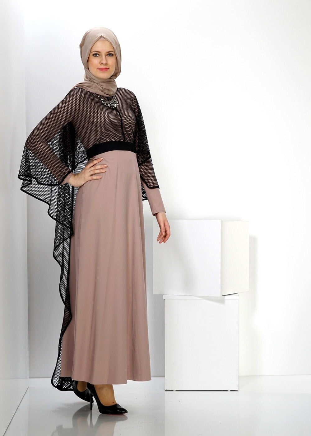 Tesettür giyim KAHVE FİLE DETAYLI KUŞAKLI 2&prime;Lİ ELBİSE 4446 