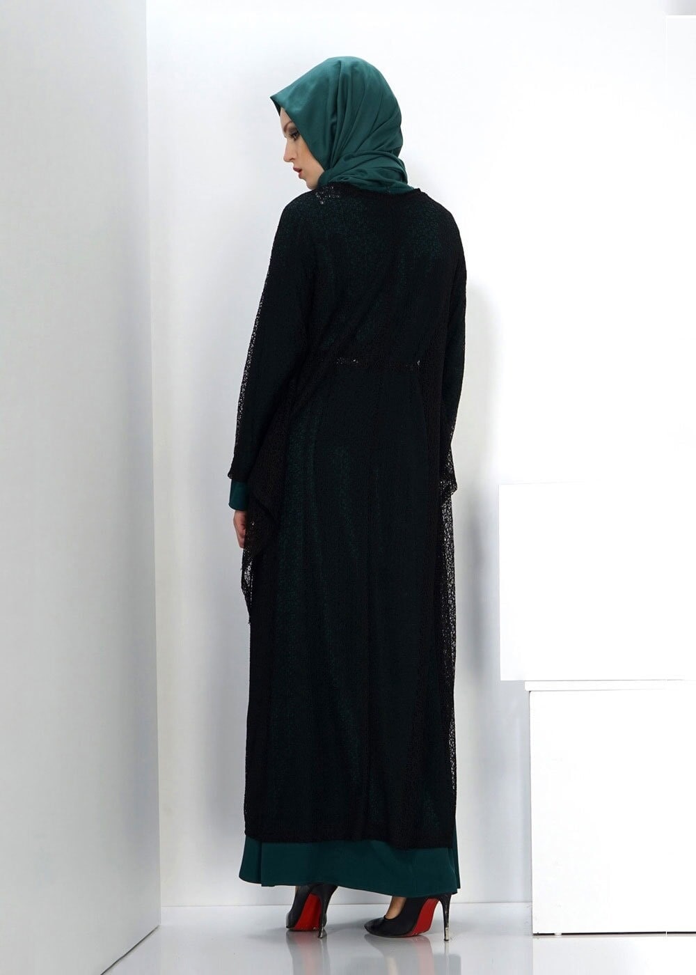 Tesettür giyim YEŞİL TÜL DETAYLI İKİLİ ELBİSE 4500