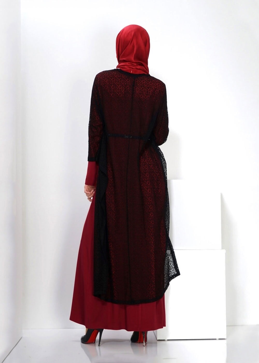 Tesettür giyim KIRMIZI TÜL DETAYLI İKİLİ ELBİSE 4500