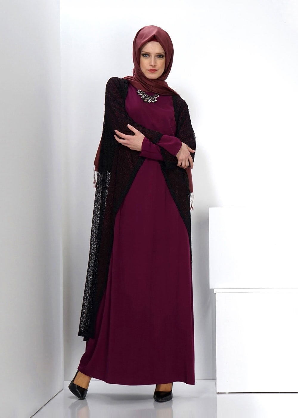 Tesettür giyim MÜRDÜM TÜL DETAYLI İKİLİ ELBİSE 4500