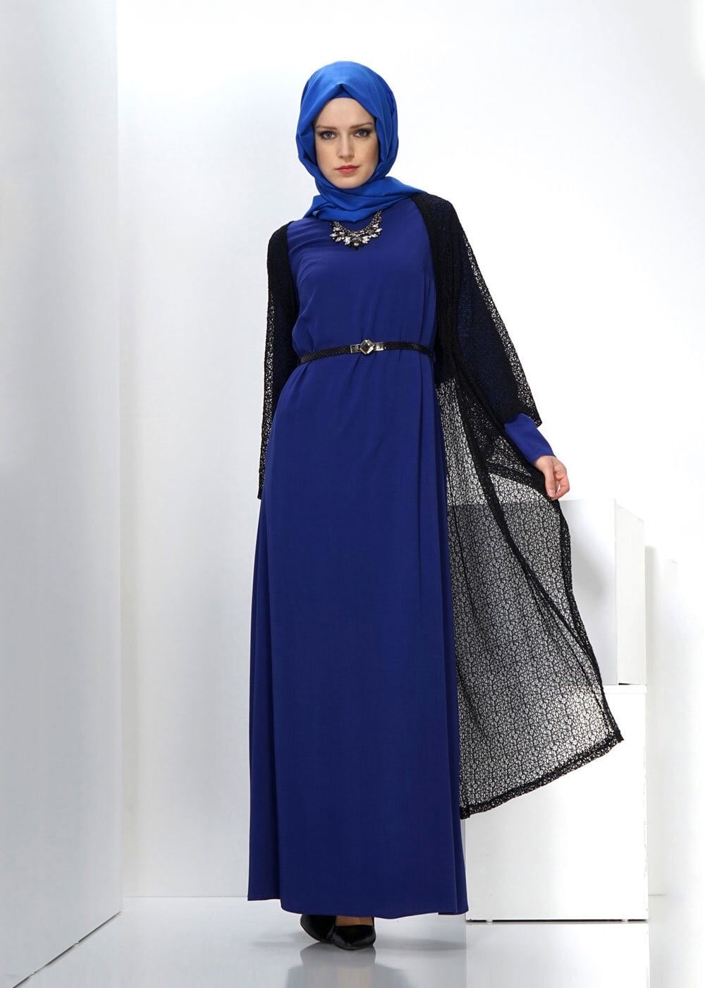 Tesettür giyim LACİVERT TÜL DETAYLI İKİLİ ELBİSE 4500