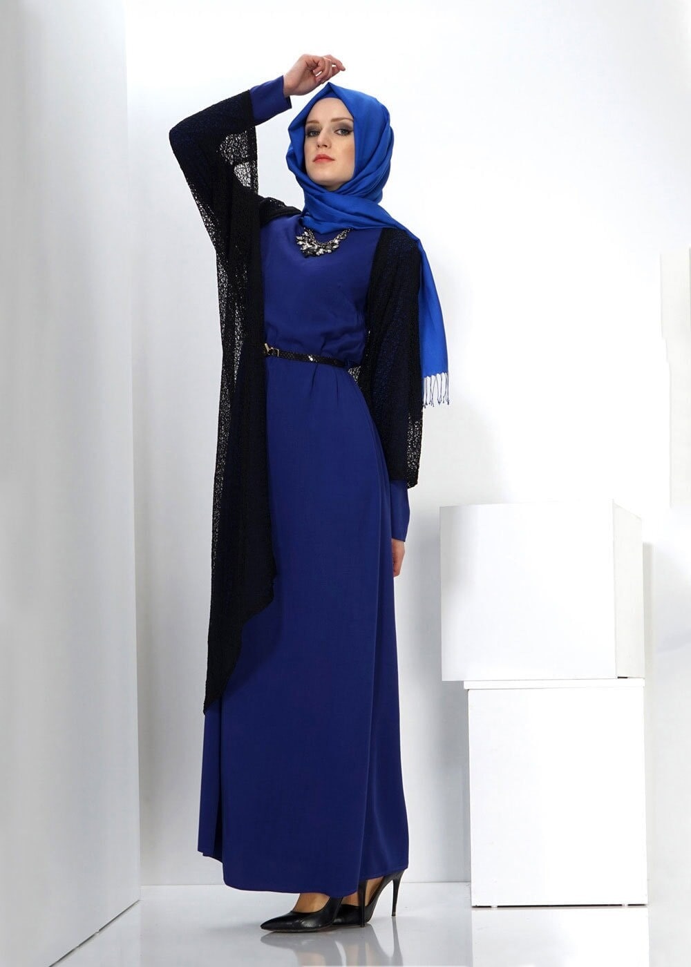 Tesettür giyim LACİVERT TÜL DETAYLI İKİLİ ELBİSE 4500