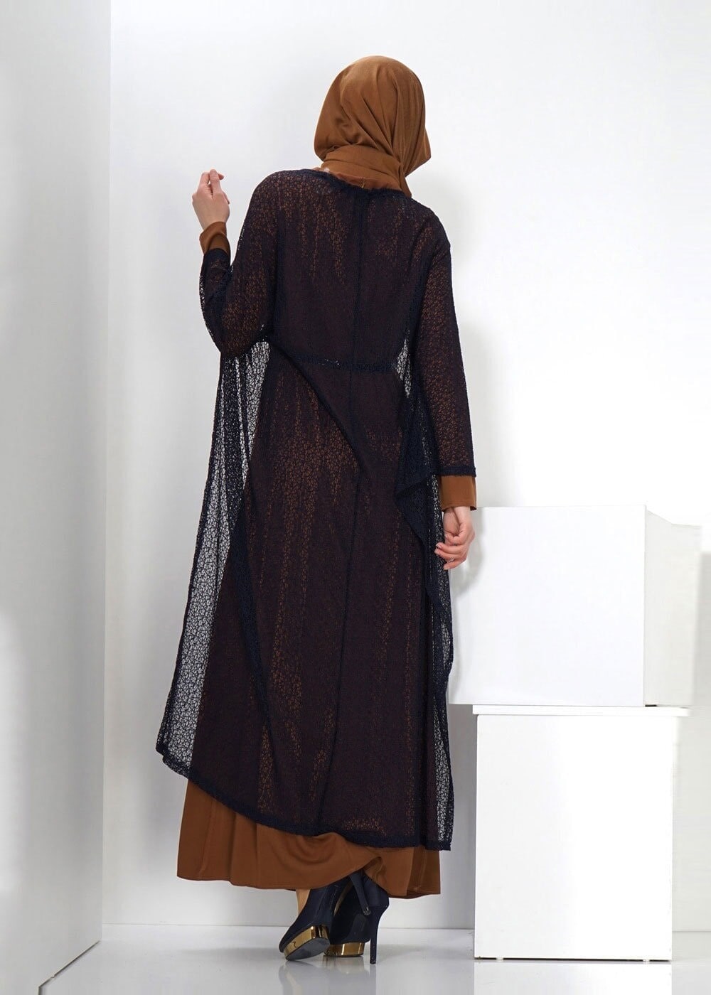 Tesettür giyim KAHVE TÜL DETAYLI İKİLİ ELBİSE 4500