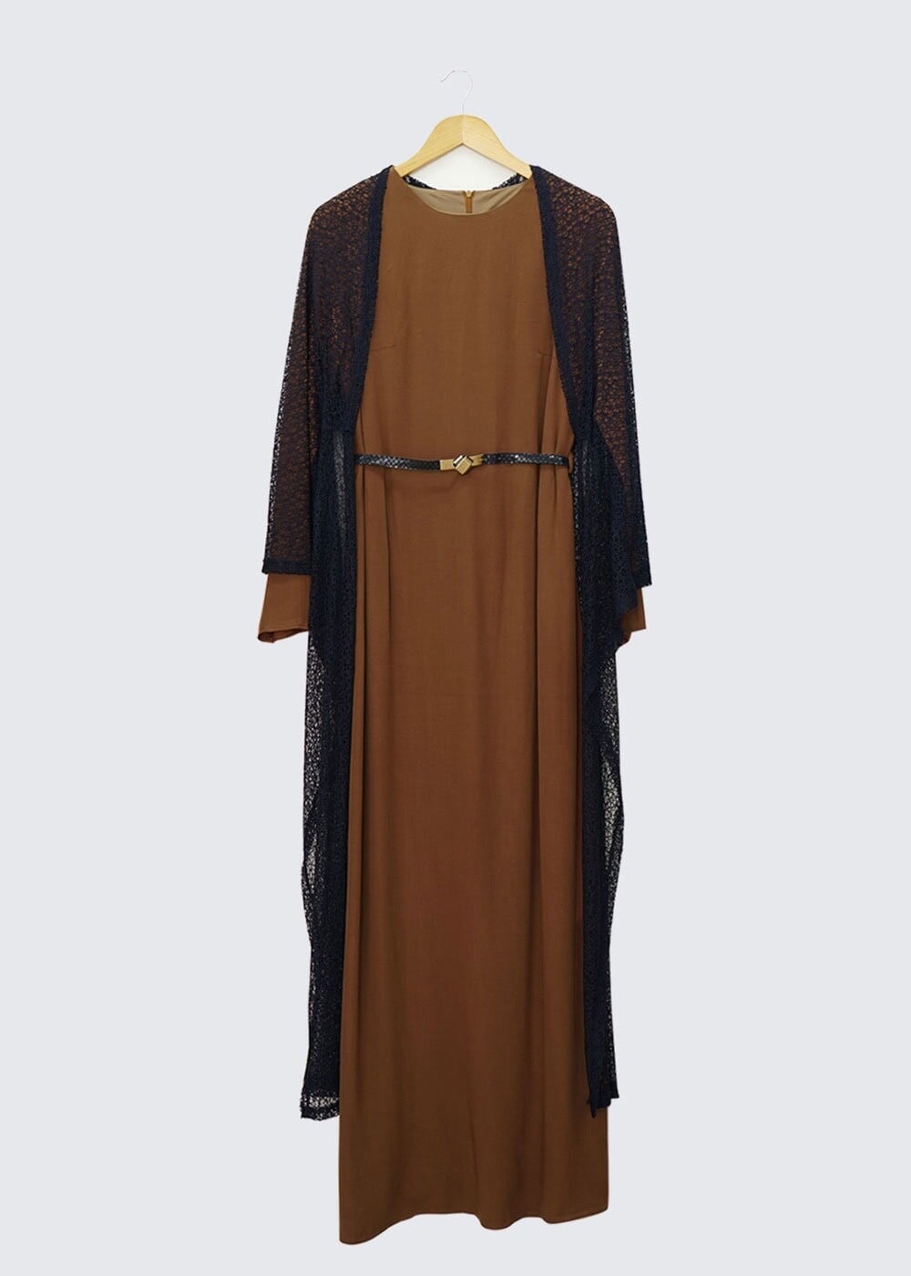 Tesettür giyim KAHVE TÜL DETAYLI İKİLİ ELBİSE 4500