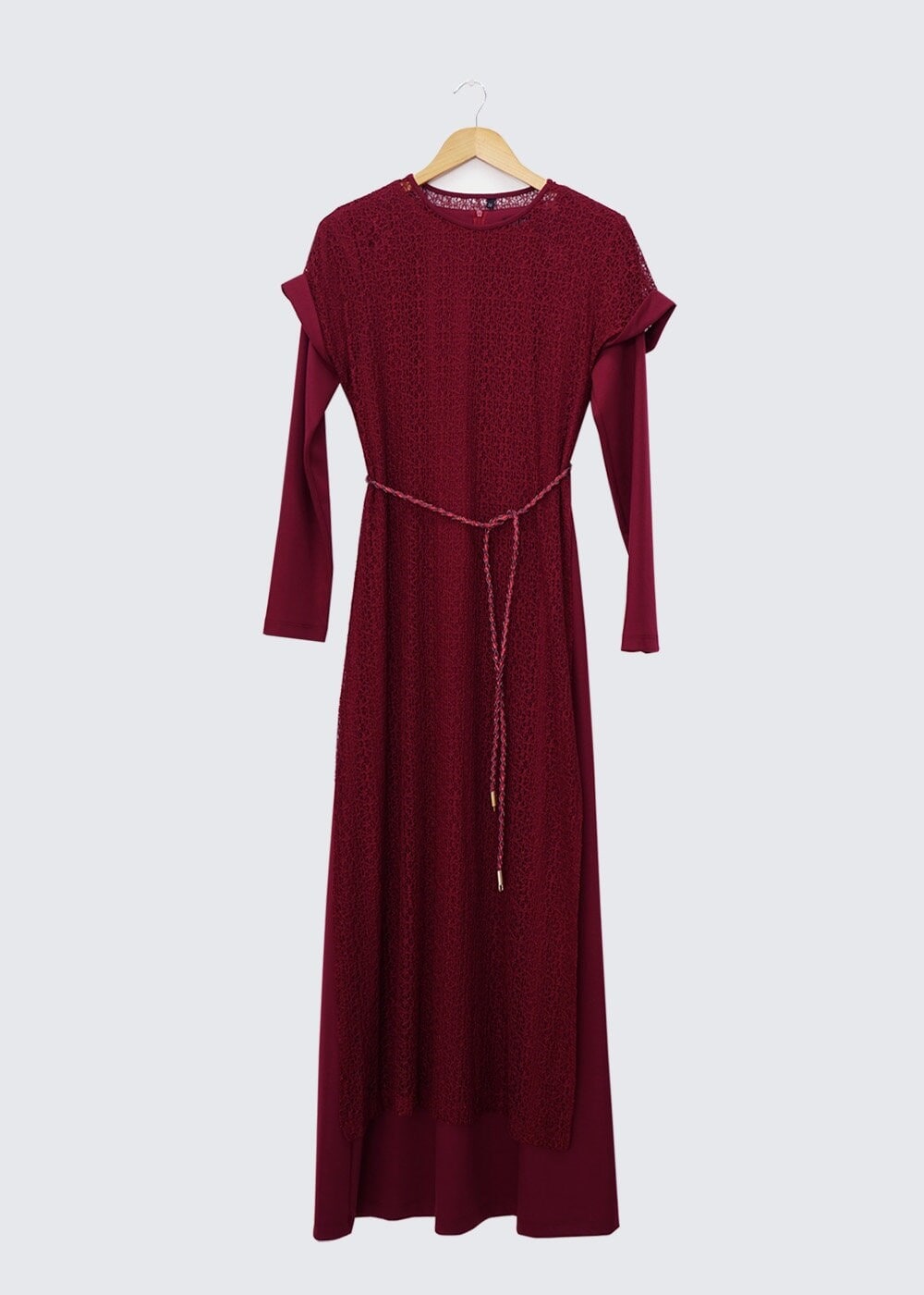 Tesettür giyim BORDO BELİ BAĞCIKLI TÜL DETAYLI ELBİSE 4501