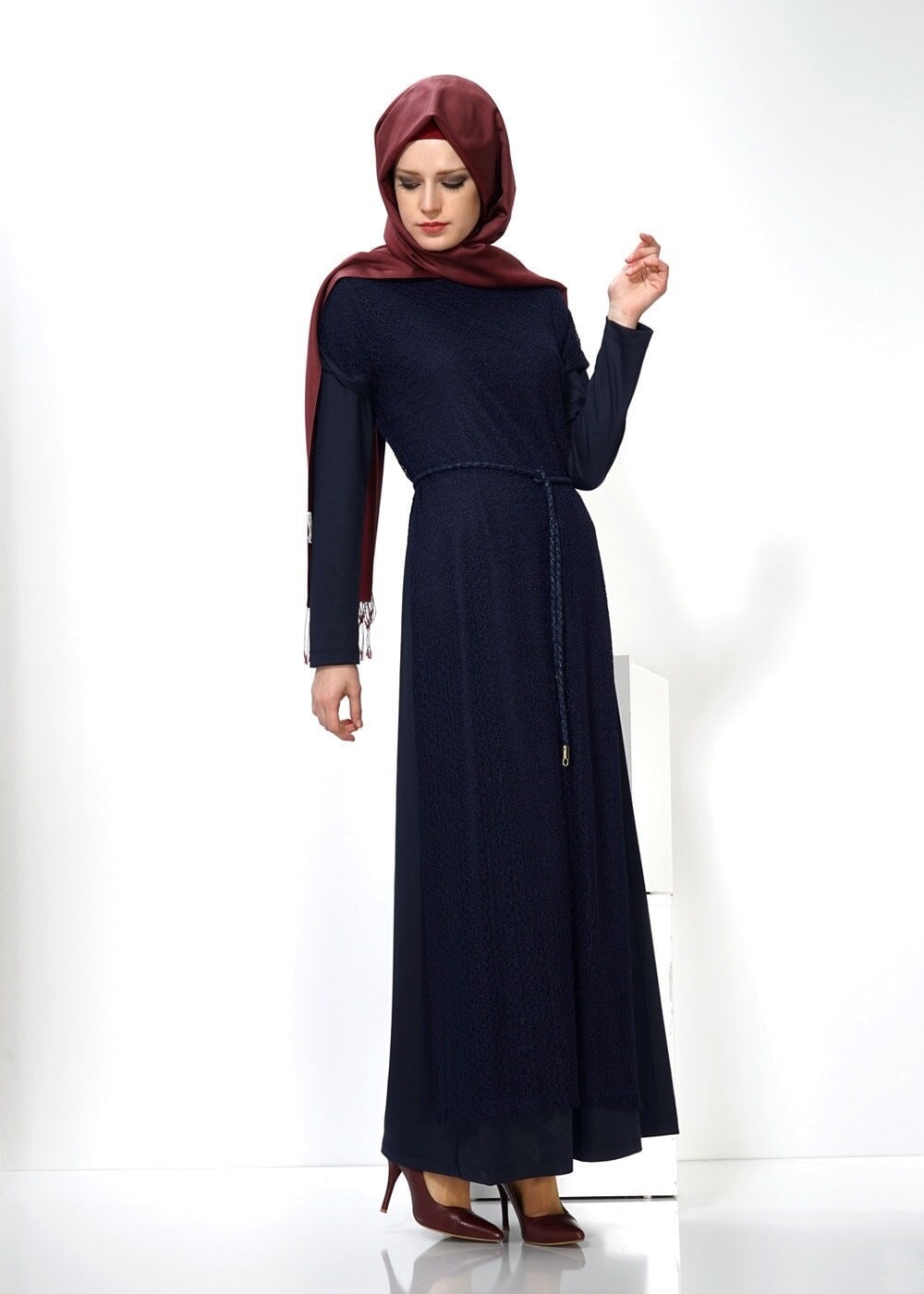 Tesettür giyim LACİVERT BELİ BAĞCIKLI TÜL DETAYLI ELBİSE 4501