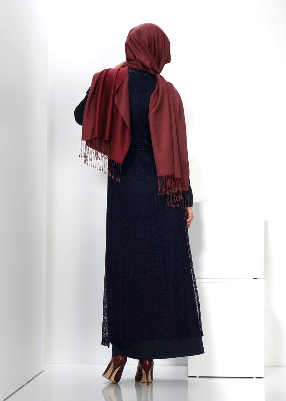 Tesettür giyim LACİVERT BELİ BAĞCIKLI TÜL DETAYLI ELBİSE 4501