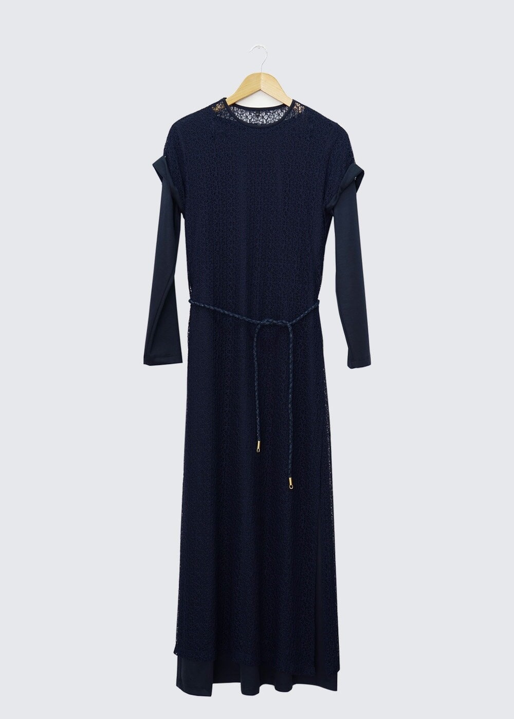 Tesettür giyim LACİVERT BELİ BAĞCIKLI TÜL DETAYLI ELBİSE 4501