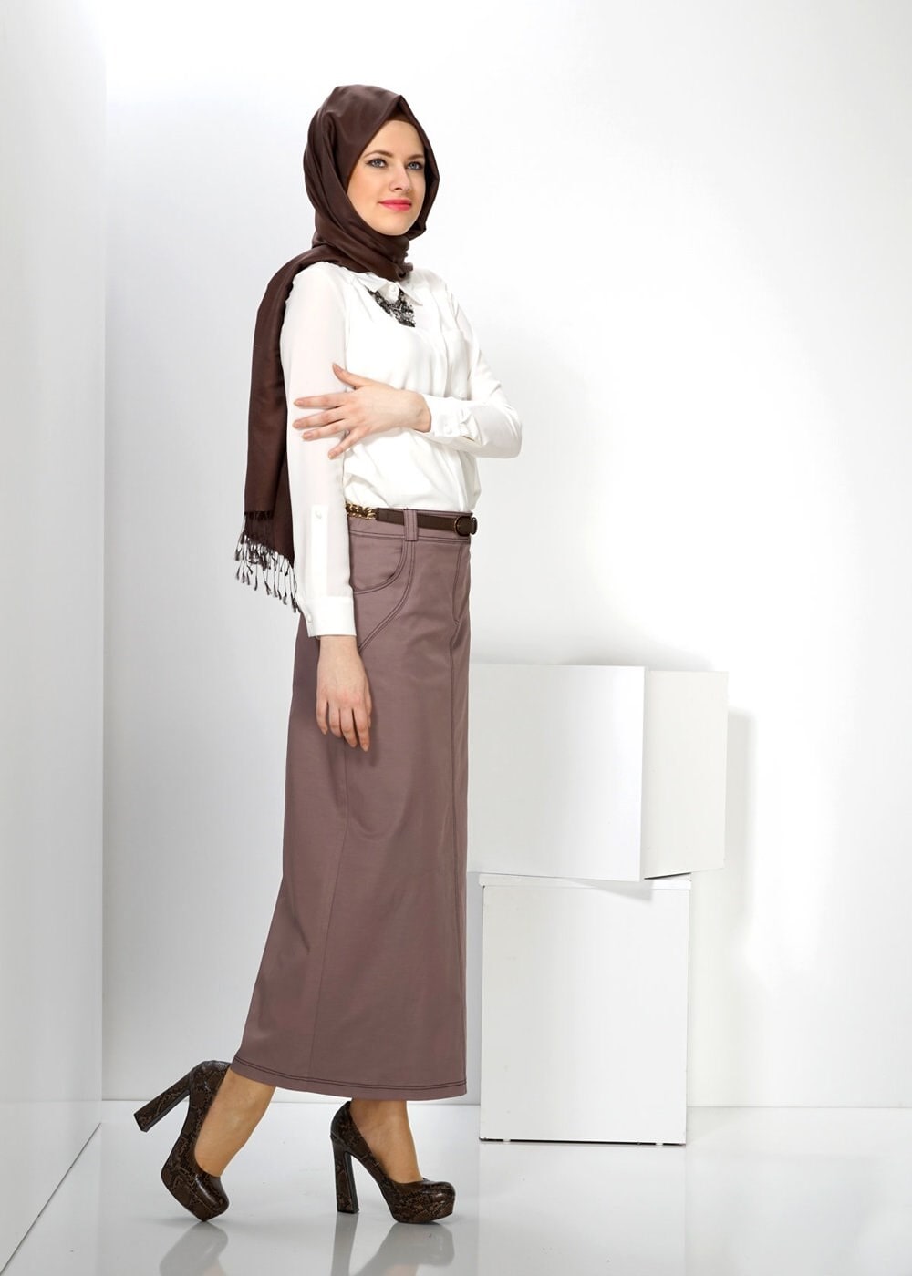 Tesettür giyim VİZON DÜZ KESİM ETEK 6590