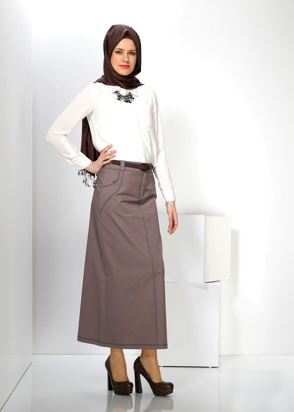 Tesettür giyim VİZON DÜZ KESİM ETEK 6590