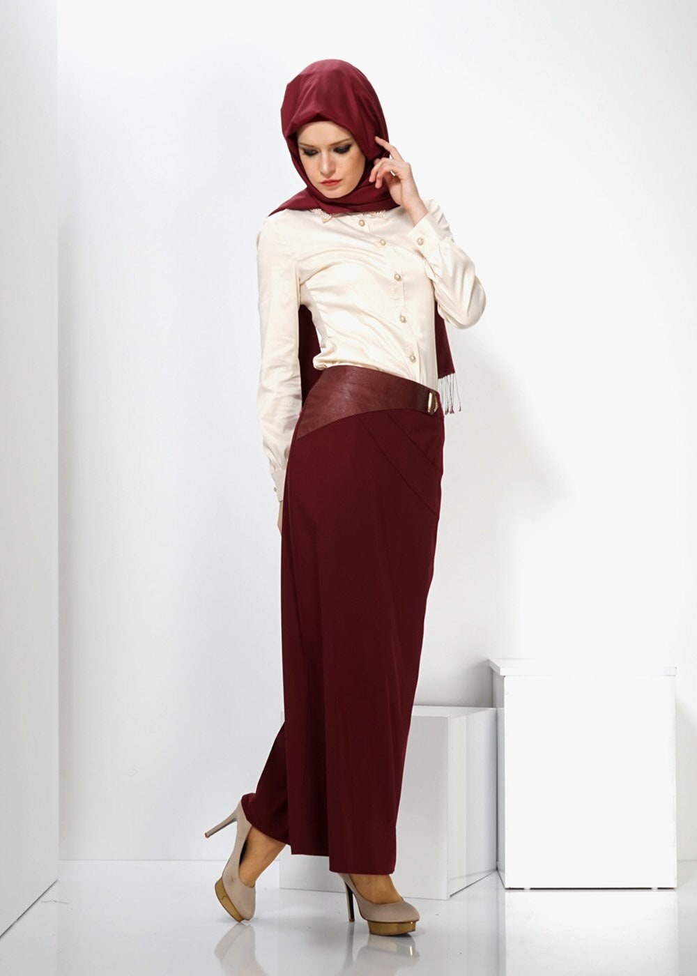 Tesettür giyim BORDO DERİ DETAYLI KALEM ETEK 6596 