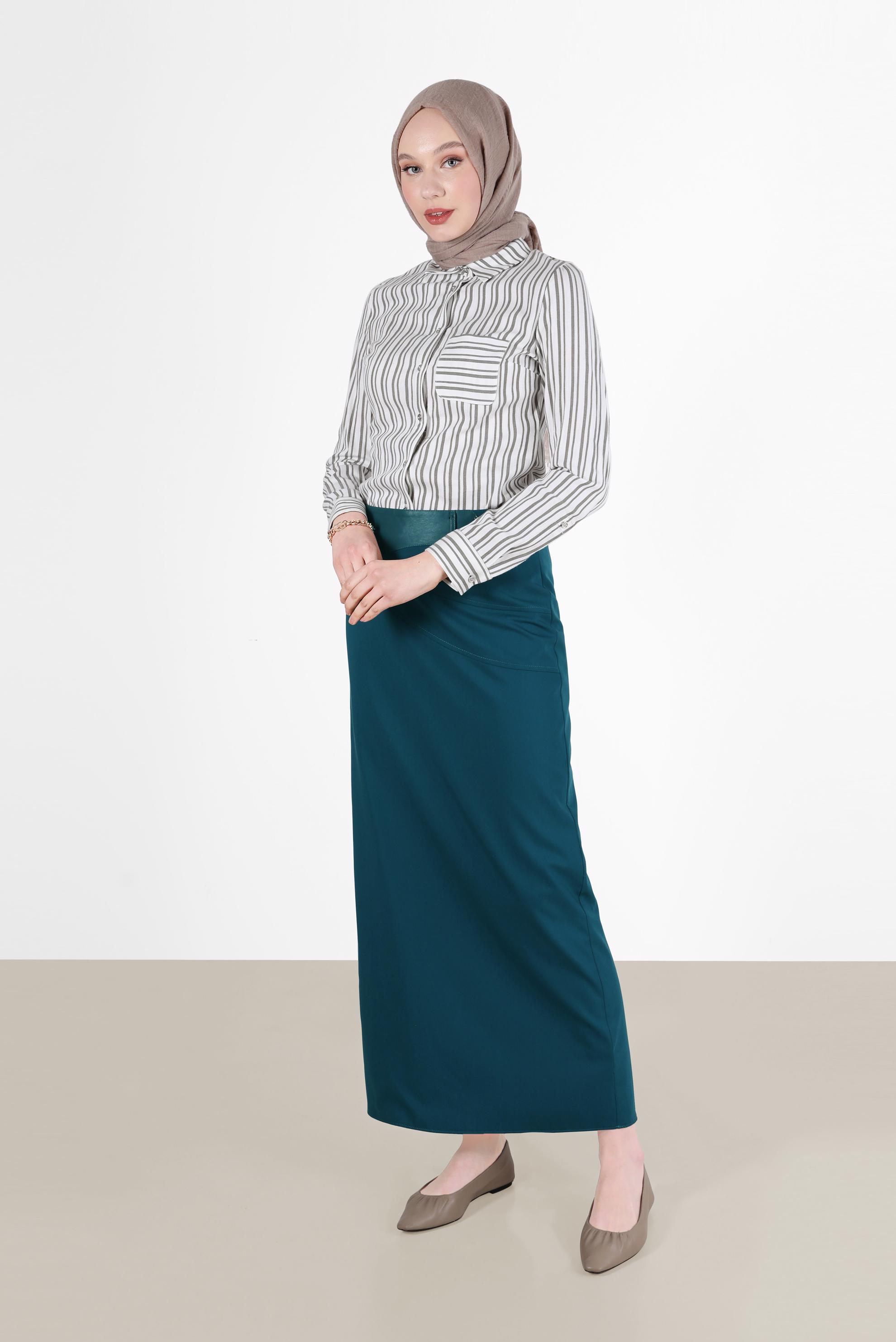 Tesettür giyim MAVİ DERİ DETAYLI KALEM ETEK 6596 