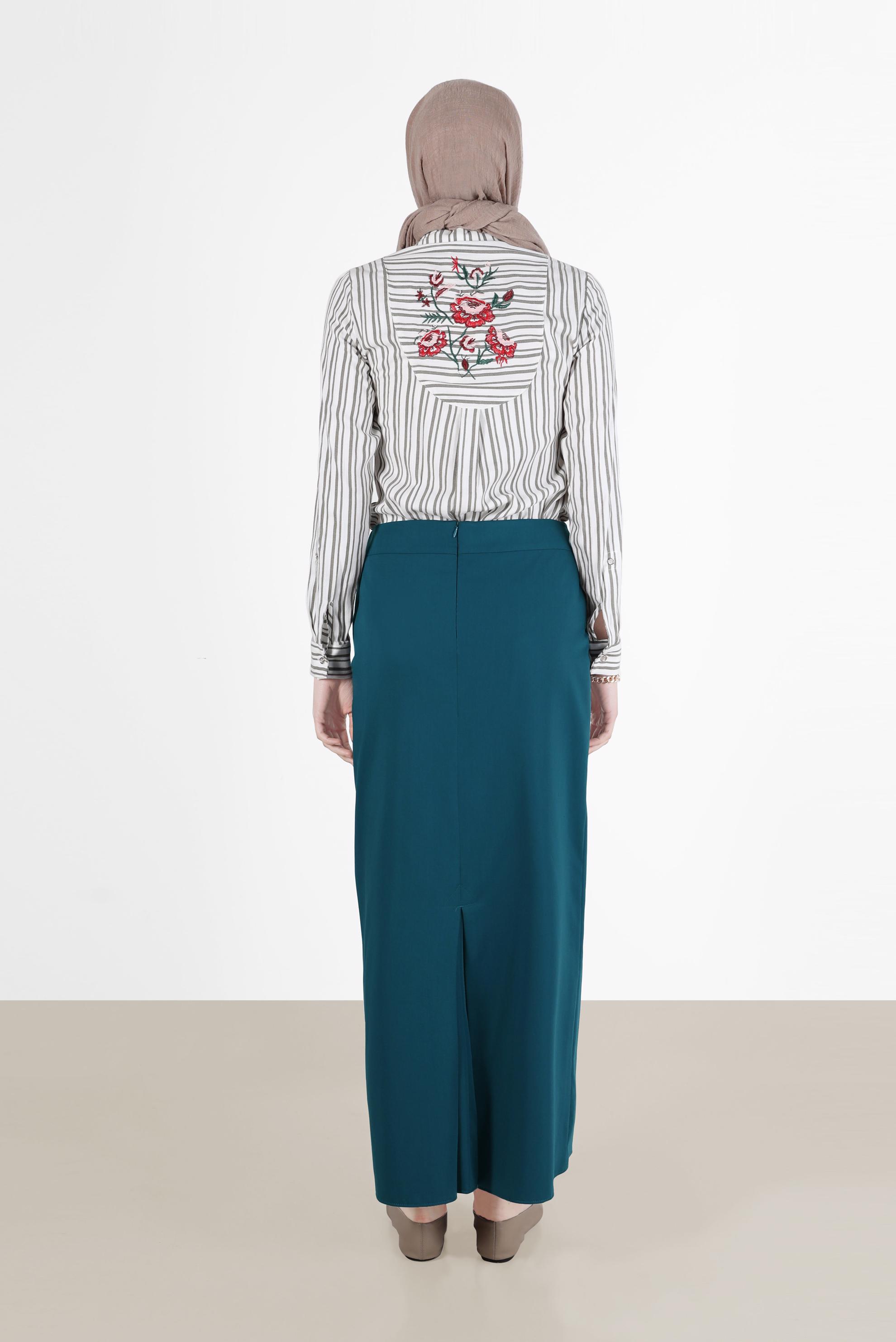 Tesettür giyim MAVİ DERİ DETAYLI KALEM ETEK 6596 