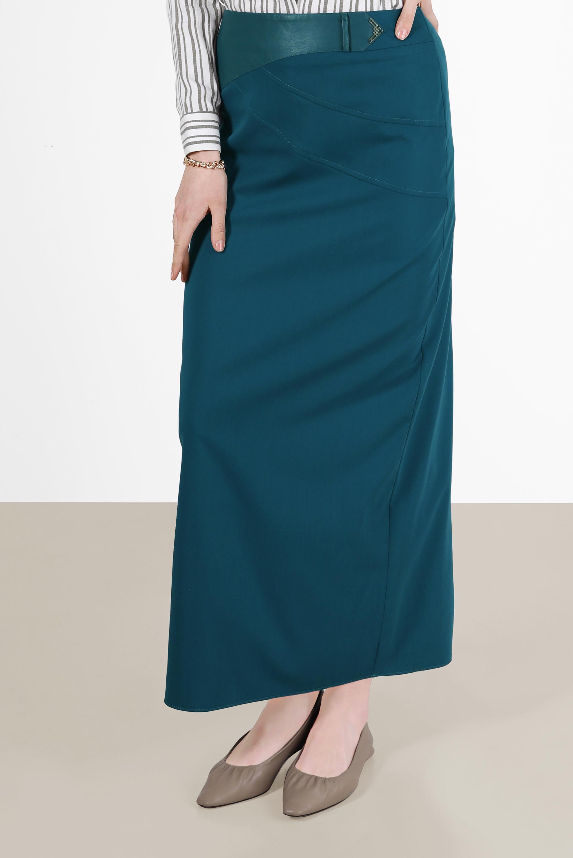 Tesettür giyim MAVİ DERİ DETAYLI KALEM ETEK 6596 