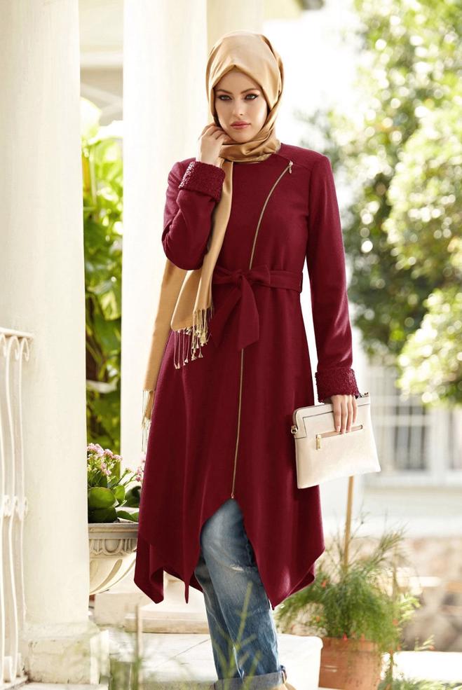 Tesettür giyim BORDO ASİMETRİK KESİM FERMUARLI KABAN 9262 - ALVİNA