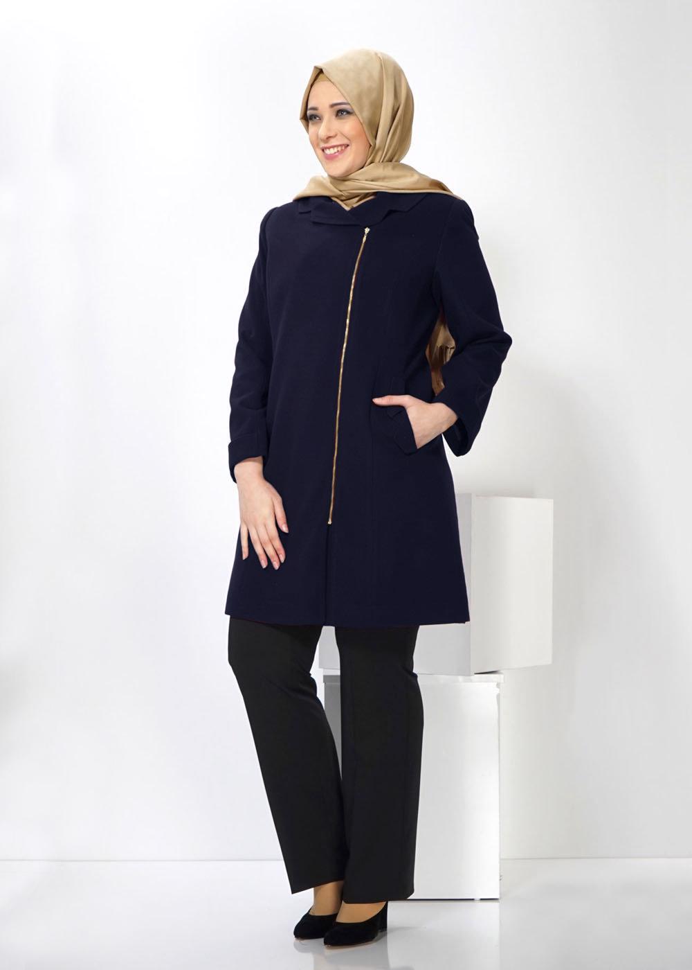 Tesettür giyim LACİVERT FERMUARLI CEPLİ KABAN 9279