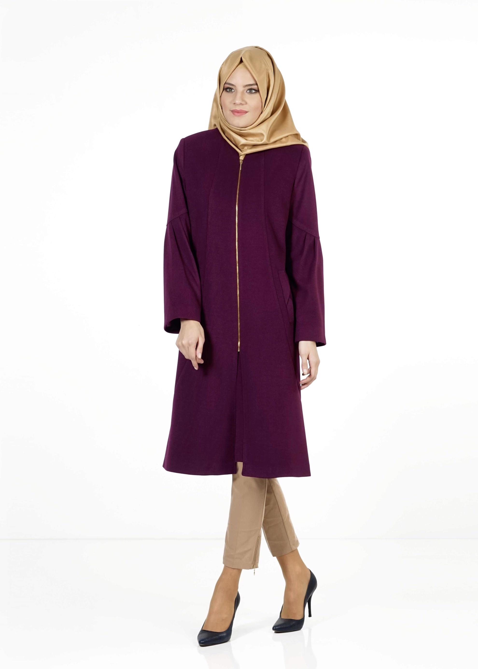 Tesettür giyim MÜRDÜM BİSİKLET YAKA FERMUARLI KABAN 9297