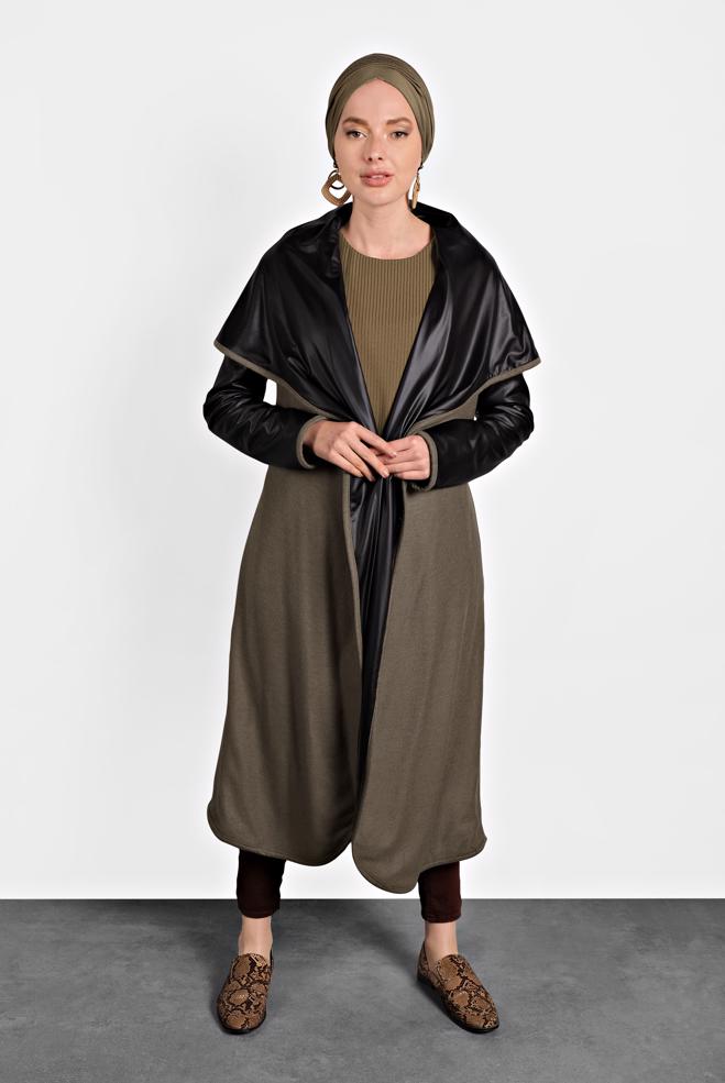 Tesettür giyim VİZON BELİ KUŞAKLI KABAN 9313 - ALVİNA